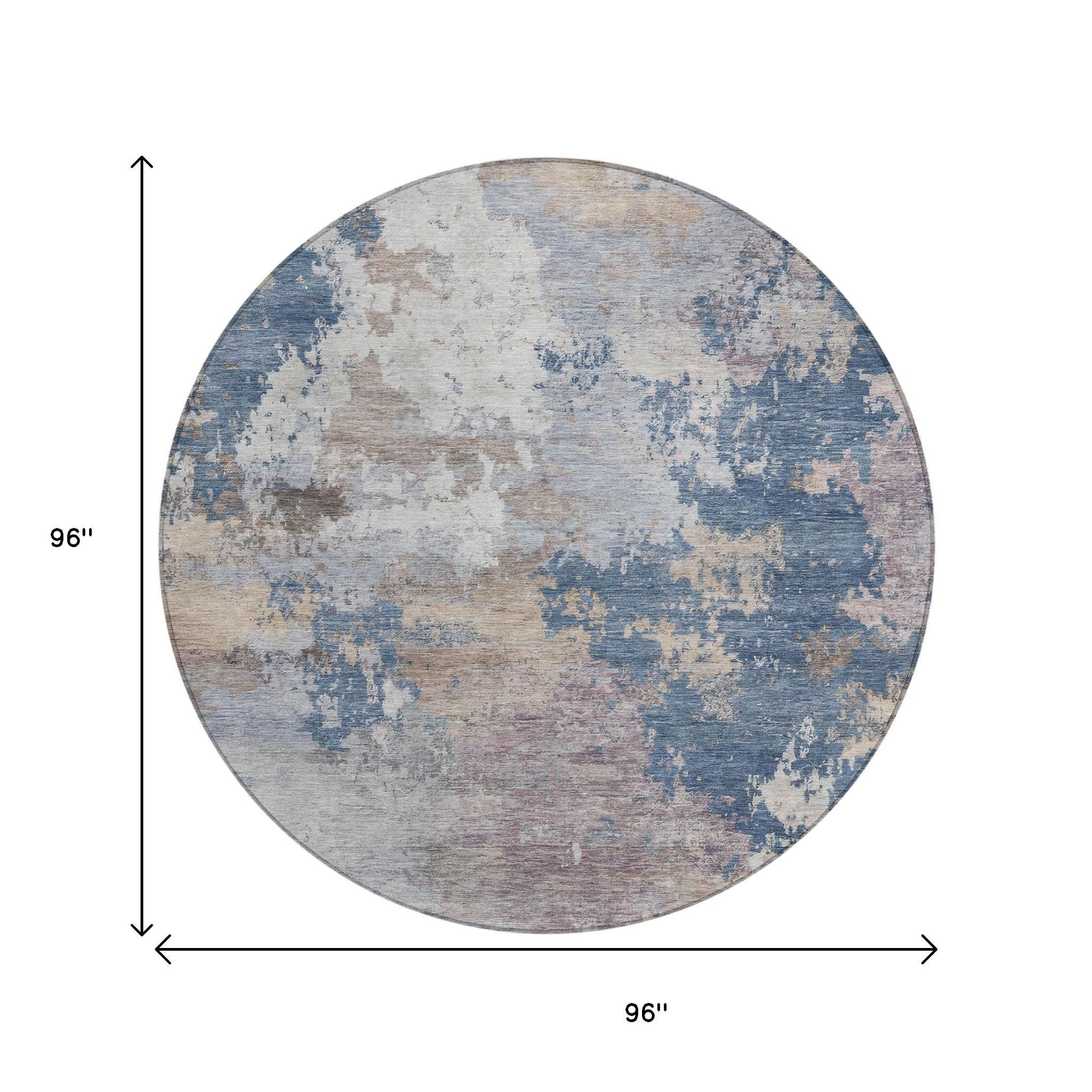 8' Blue And Beige Round Abstract Washable Indoor Outdoor Area Rug - Sports & Outdoor