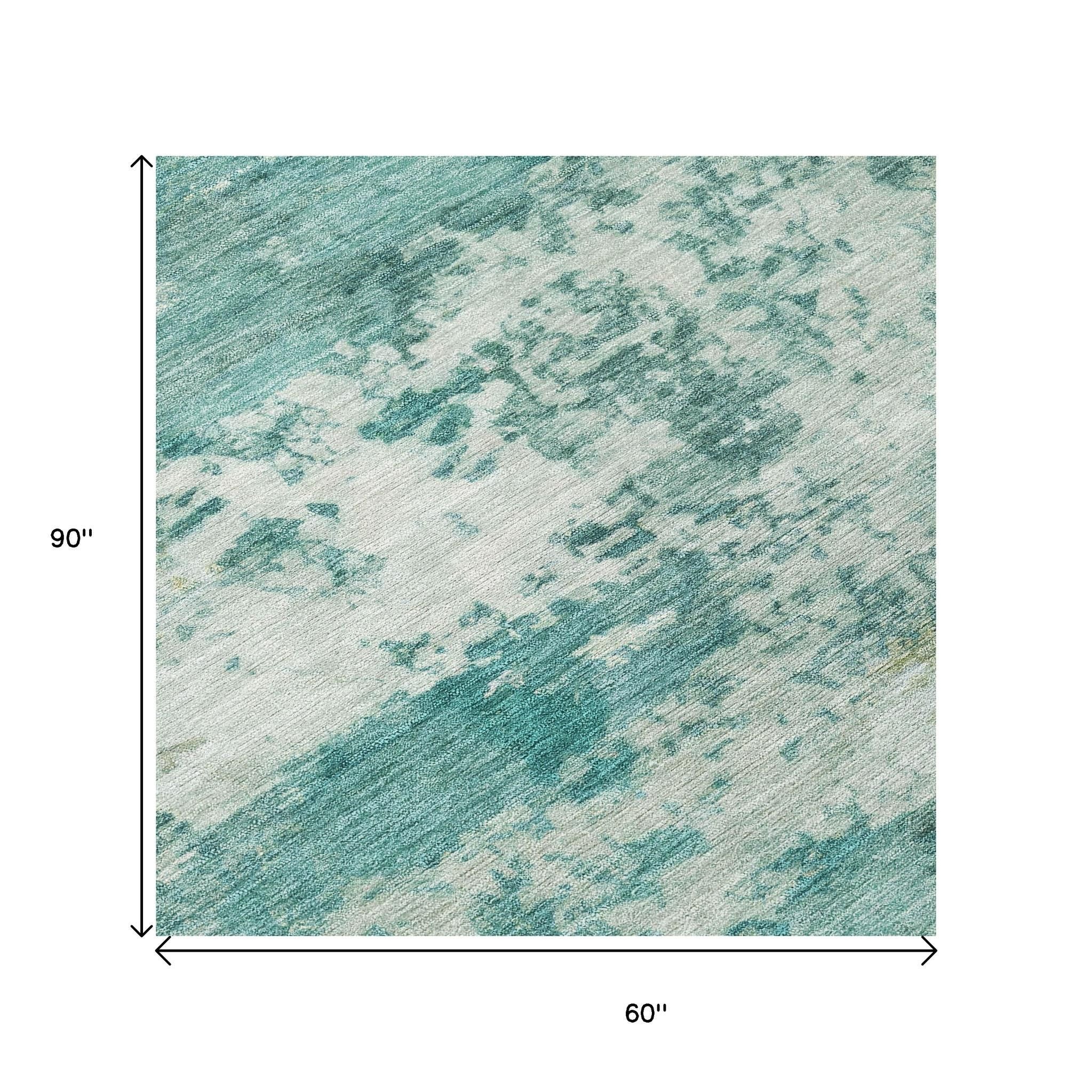 5' X 8' Teal Blue And Ivory Abstract Washable Indoor Outdoor Area Rug - Sports & Outdoor