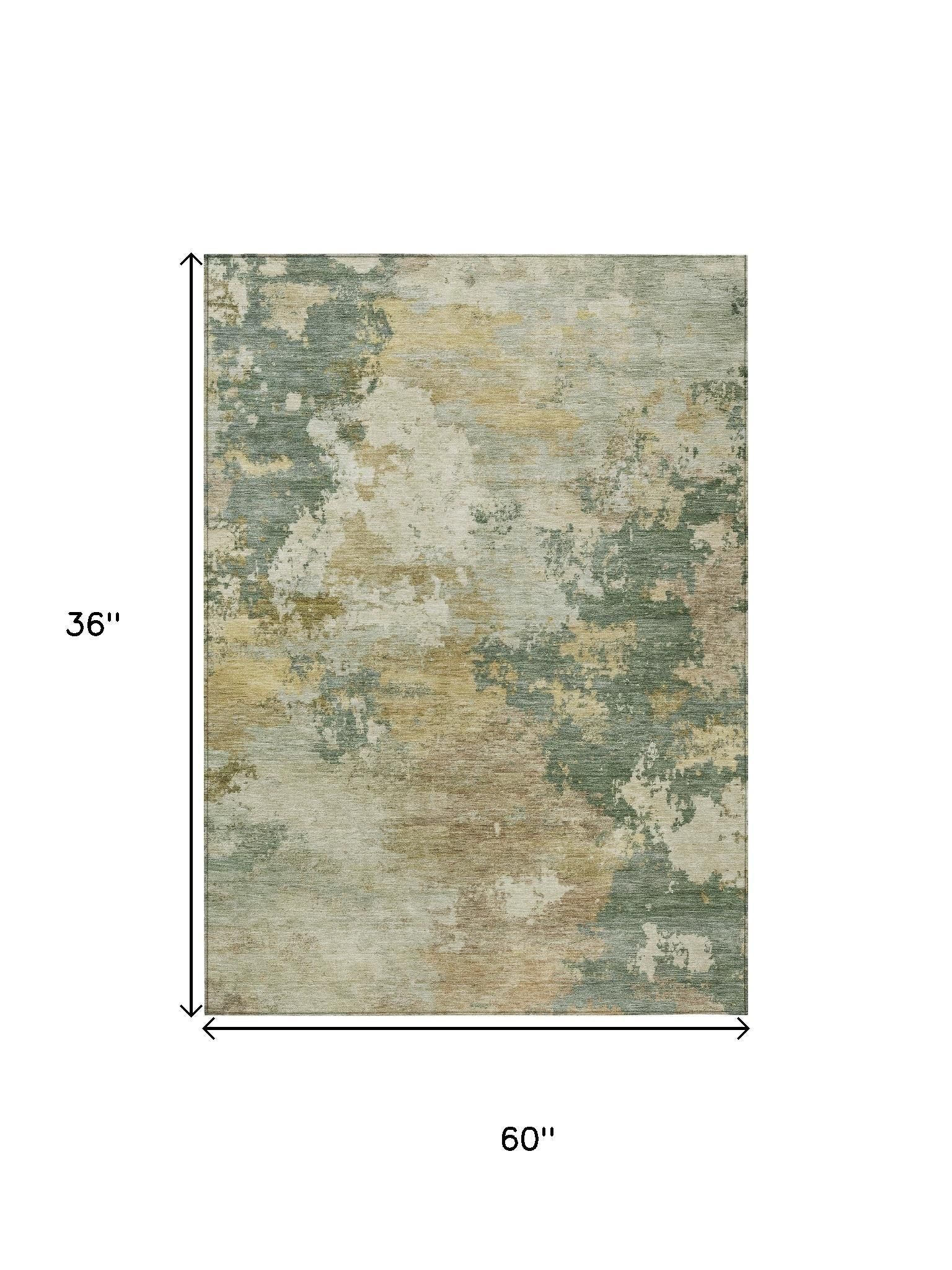 3' X 5' Artichoke Green Gold And Ivory Abstract Washable Indoor Outdoor Area Rug - Sports & Outdoor