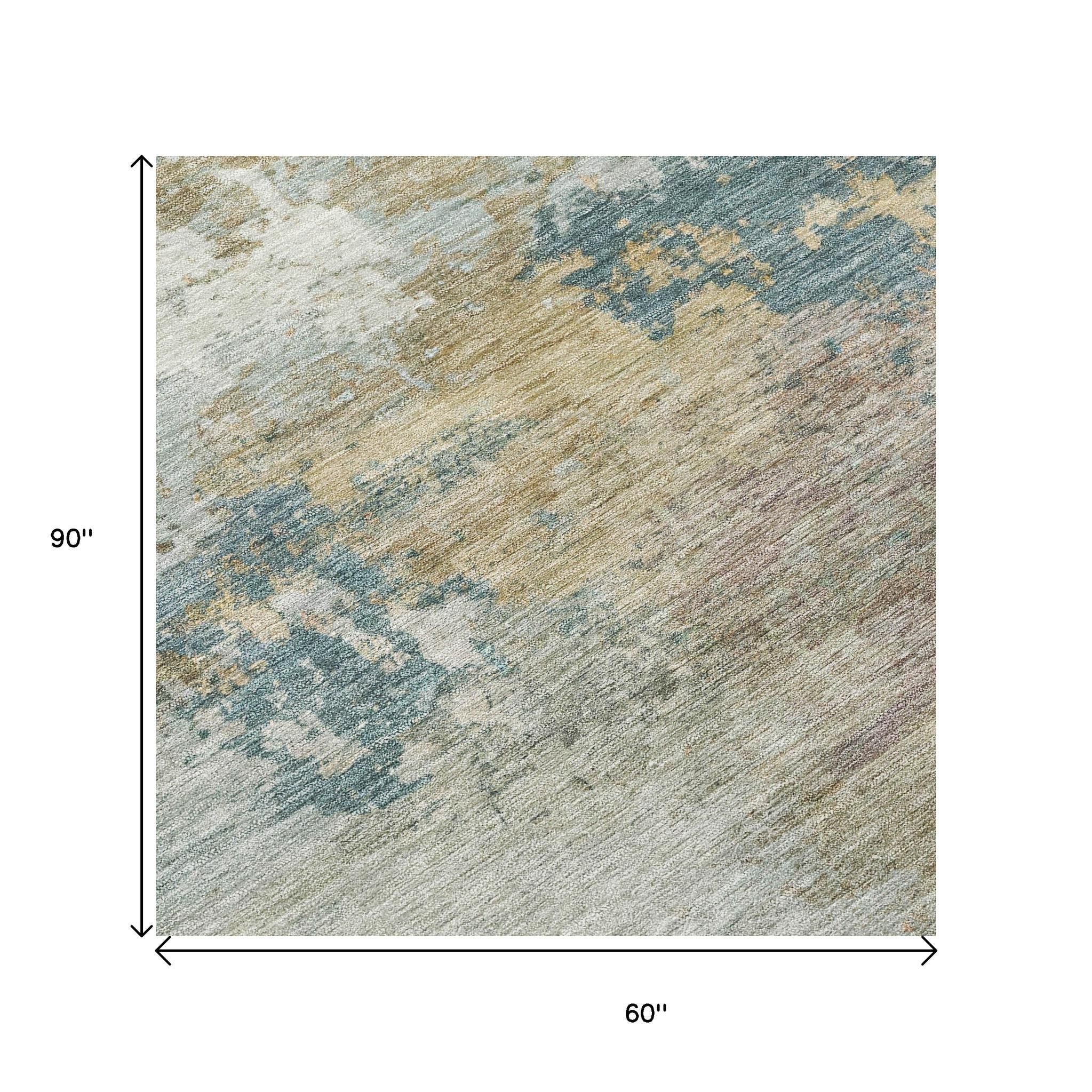 5' X 8' Teal Blue And Gold Abstract Washable Indoor Outdoor Area Rug - Sports & Outdoor
