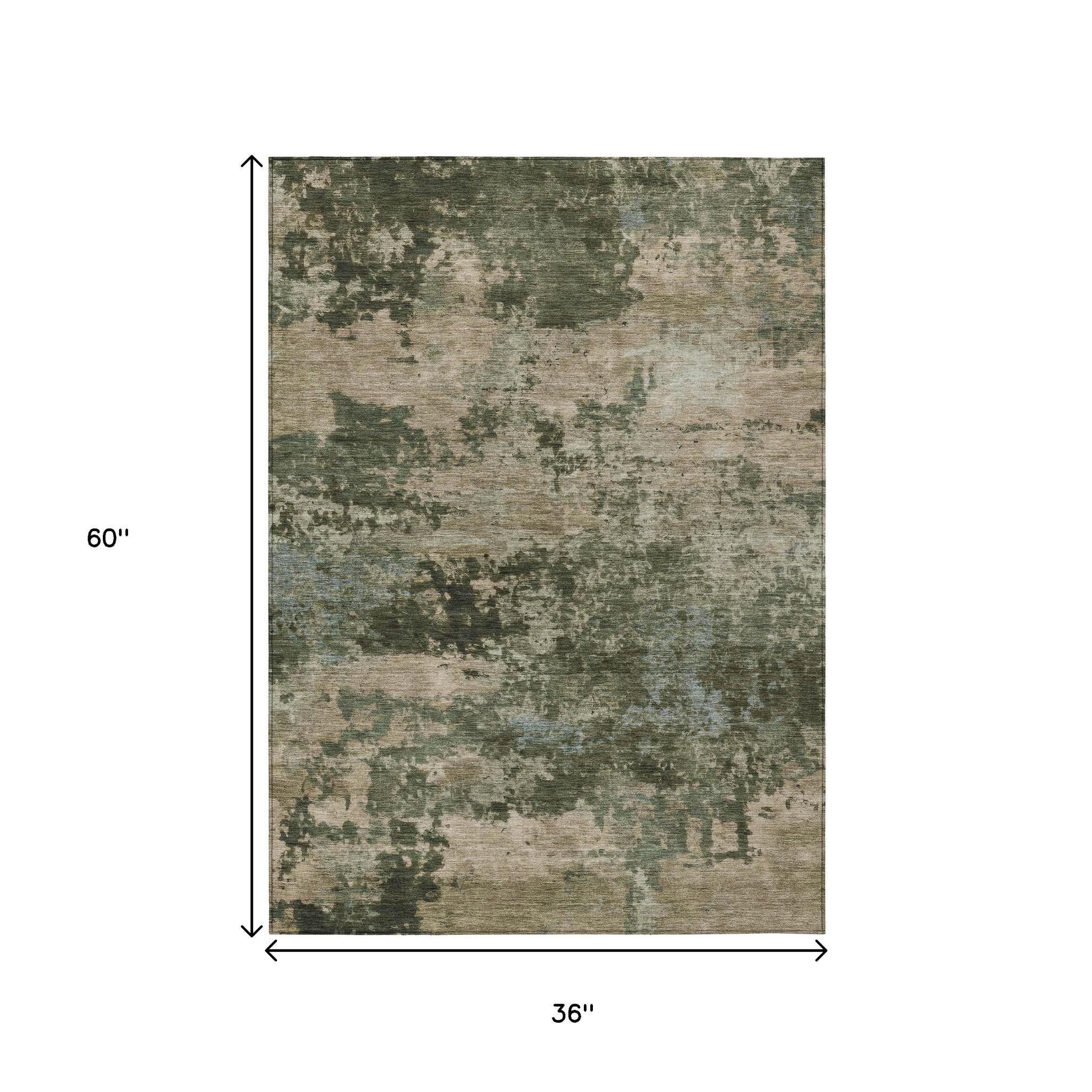 3' X 5' Olive Green And Beige Abstract Washable Indoor Outdoor Area Rug - Sports & Outdoor