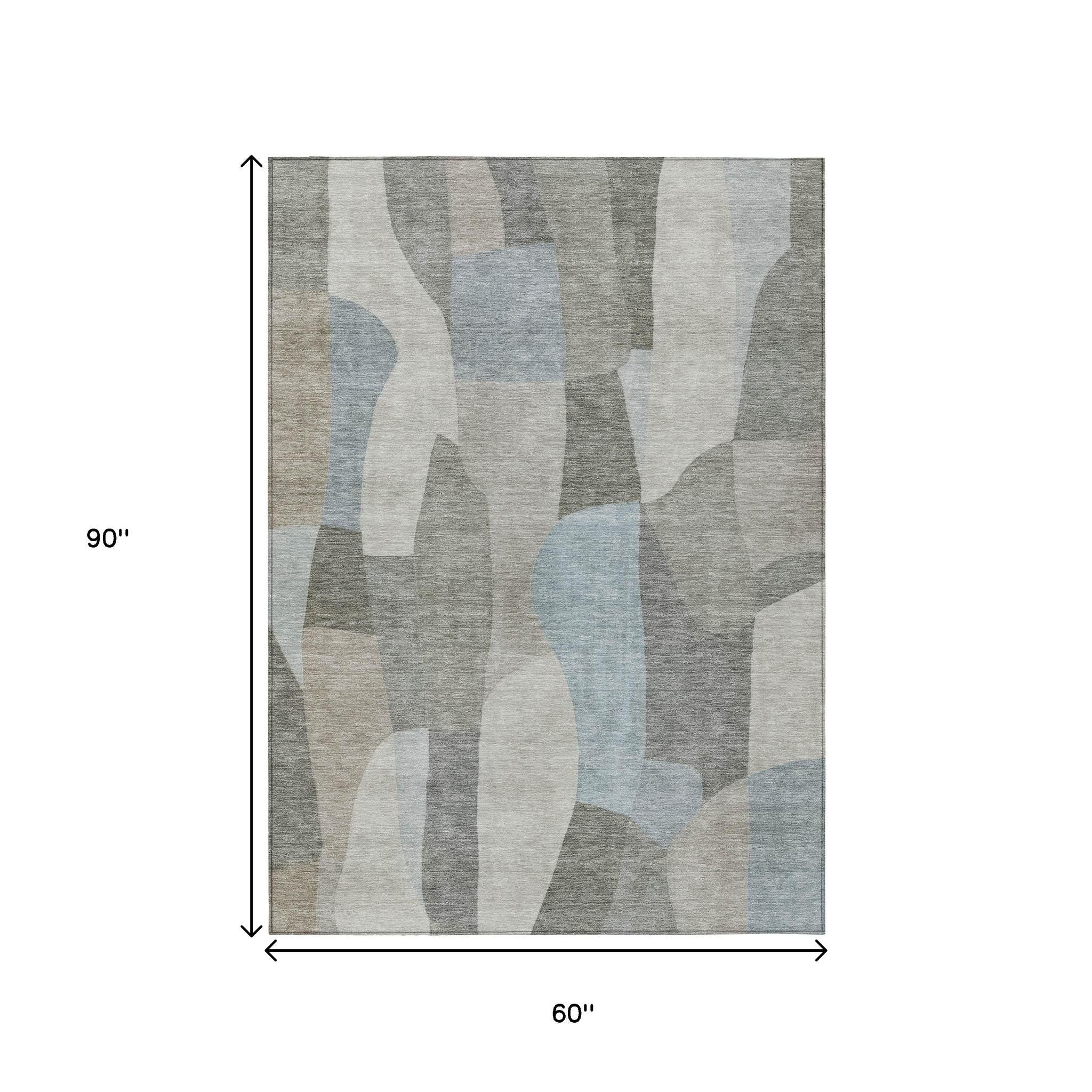 5' X 8' Taupe And Blue Abstract Washable Indoor Outdoor Area Rug - Sports & Outdoor