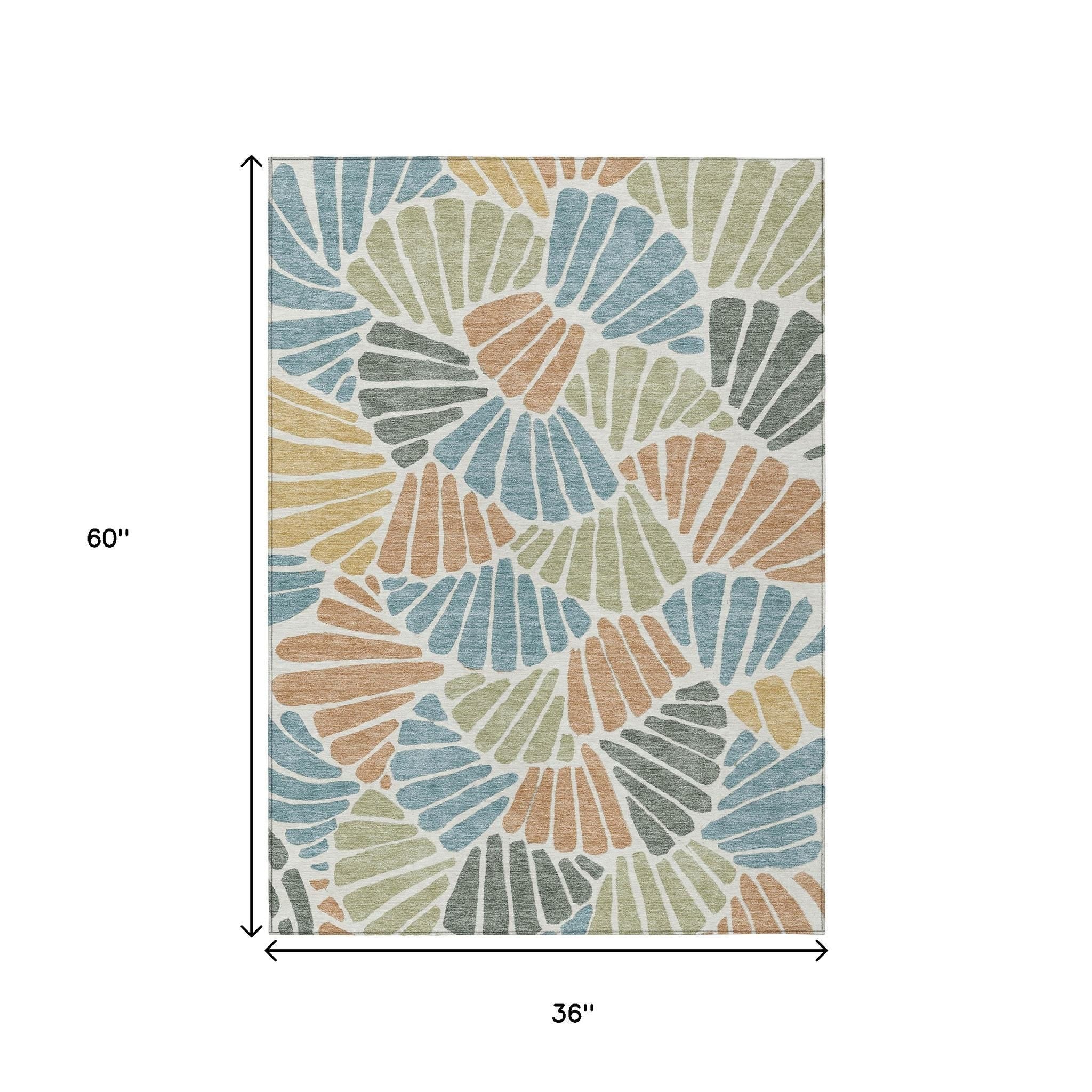 3' X 5' Pale Aqua Copper And Gold Floral Washable Indoor Outdoor Area Rug - Sports & Outdoor