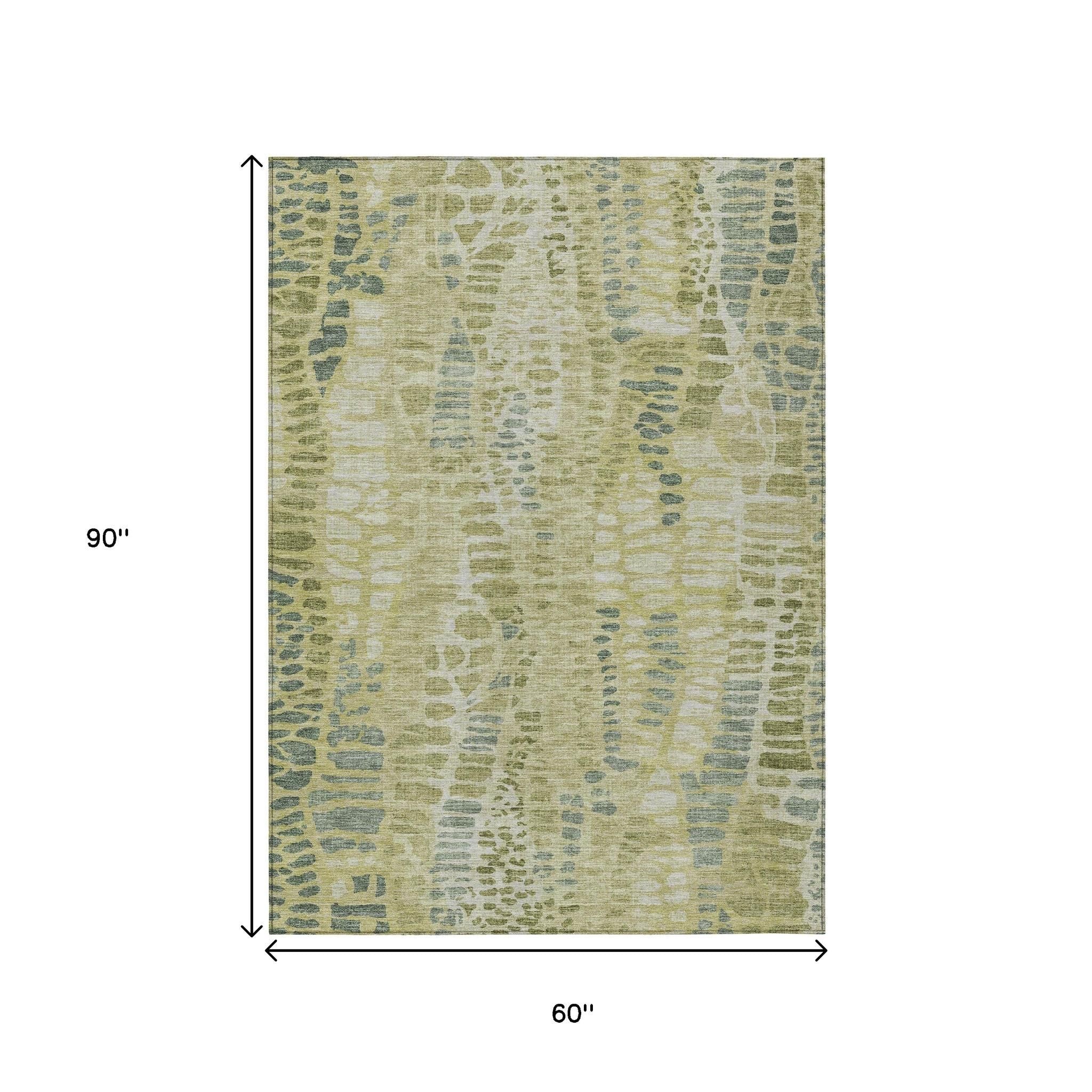 5' X 8' Artichoke Green And Beige Abstract Washable Indoor Outdoor Area Rug - Sports & Outdoor