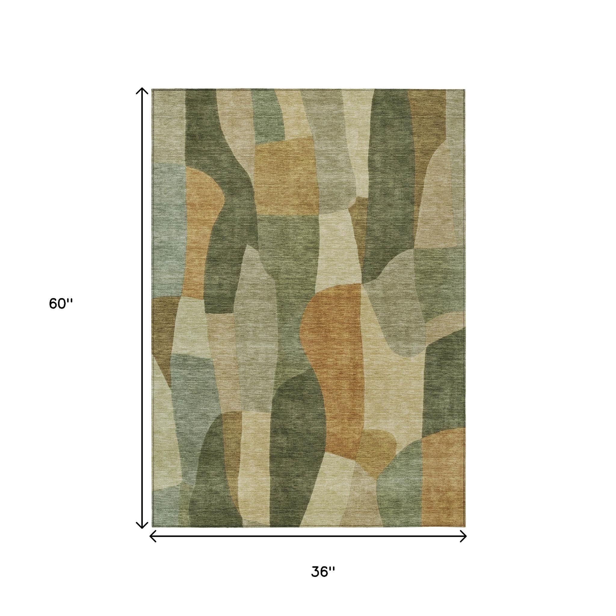 3' X 5' Fern Green And Gold Abstract Washable Indoor Outdoor Area Rug - Sports & Outdoor