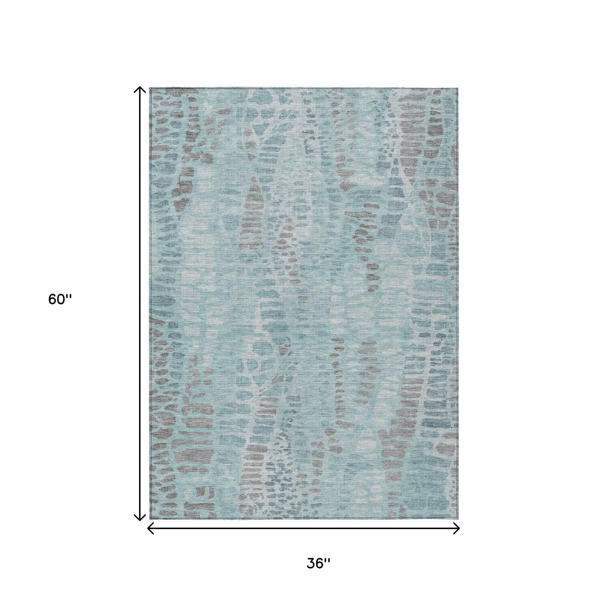 3' X 5' Teal Blue And Gray Abstract Washable Indoor Outdoor Area Rug - Sports & Outdoor