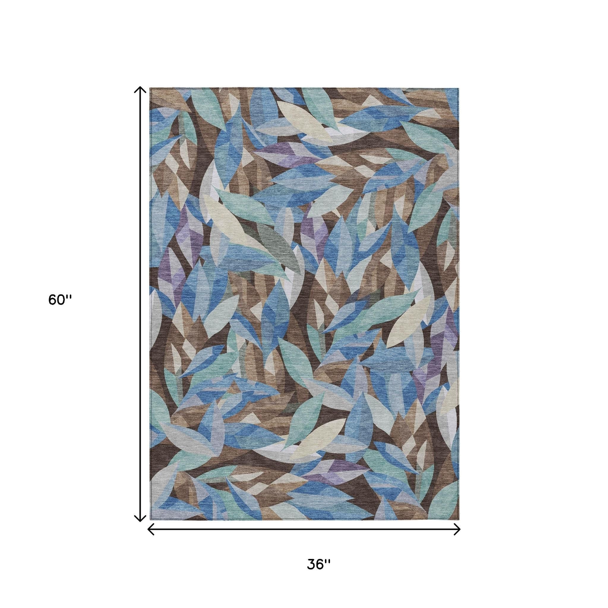 3' X 5' Brown And Blue Floral Washable Indoor Outdoor Area Rug - Sports & Outdoor