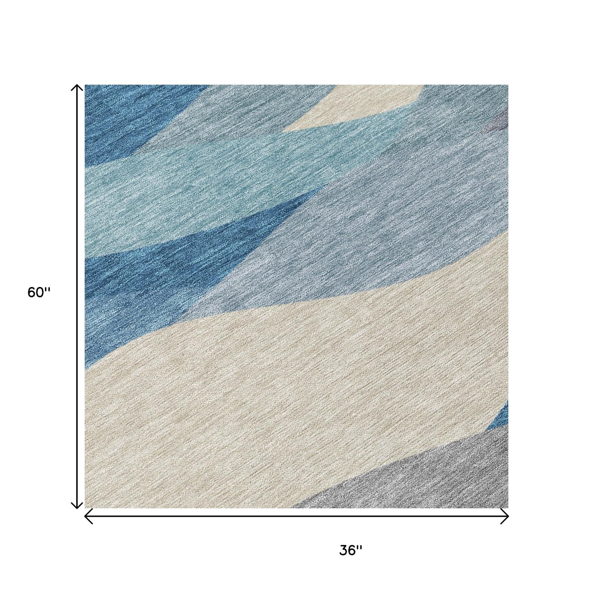 3' X 5' Blue Beige And Gray Abstract Washable Indoor Outdoor Area Rug - Sports & Outdoor