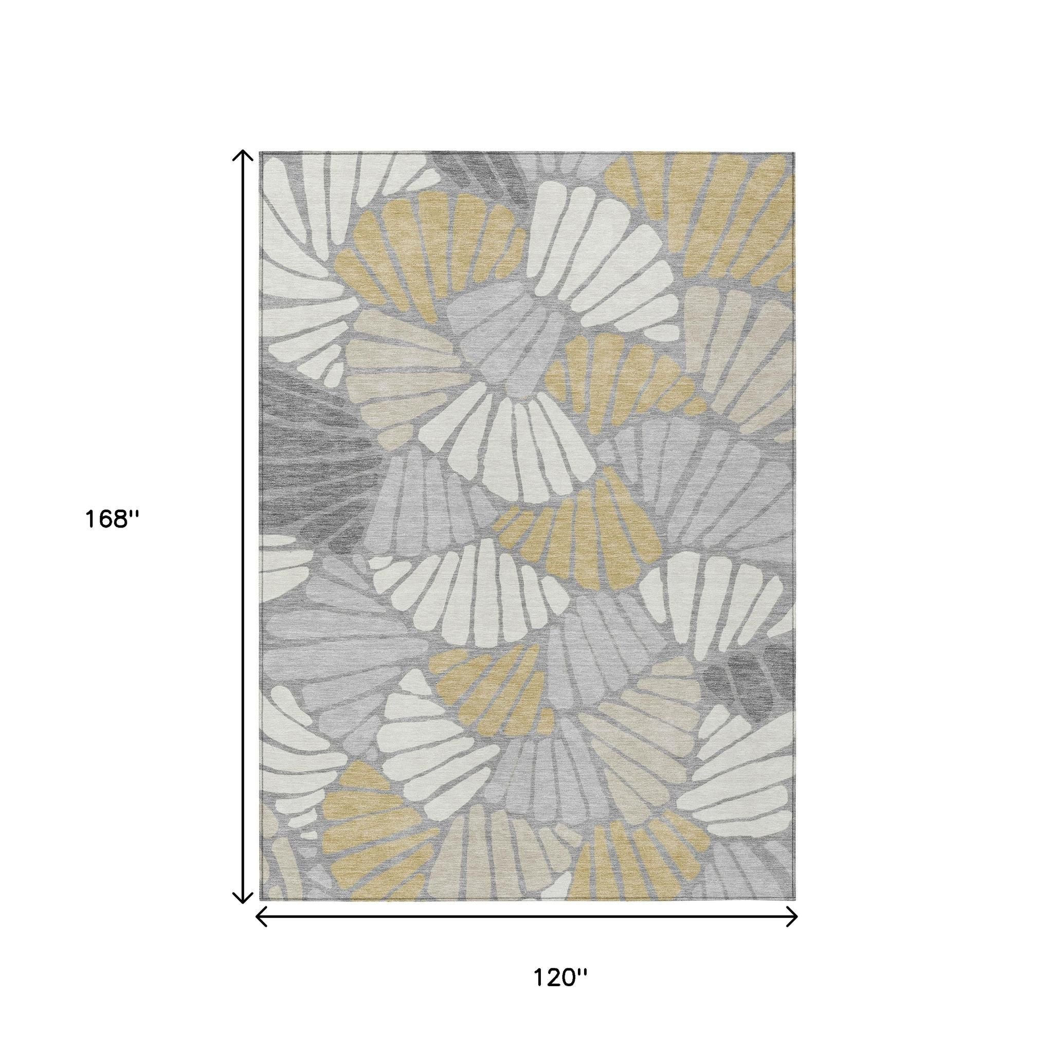 10' X 14' Gray Gold And Ivory Floral Washable Indoor Outdoor Area Rug - Sports & Outdoor