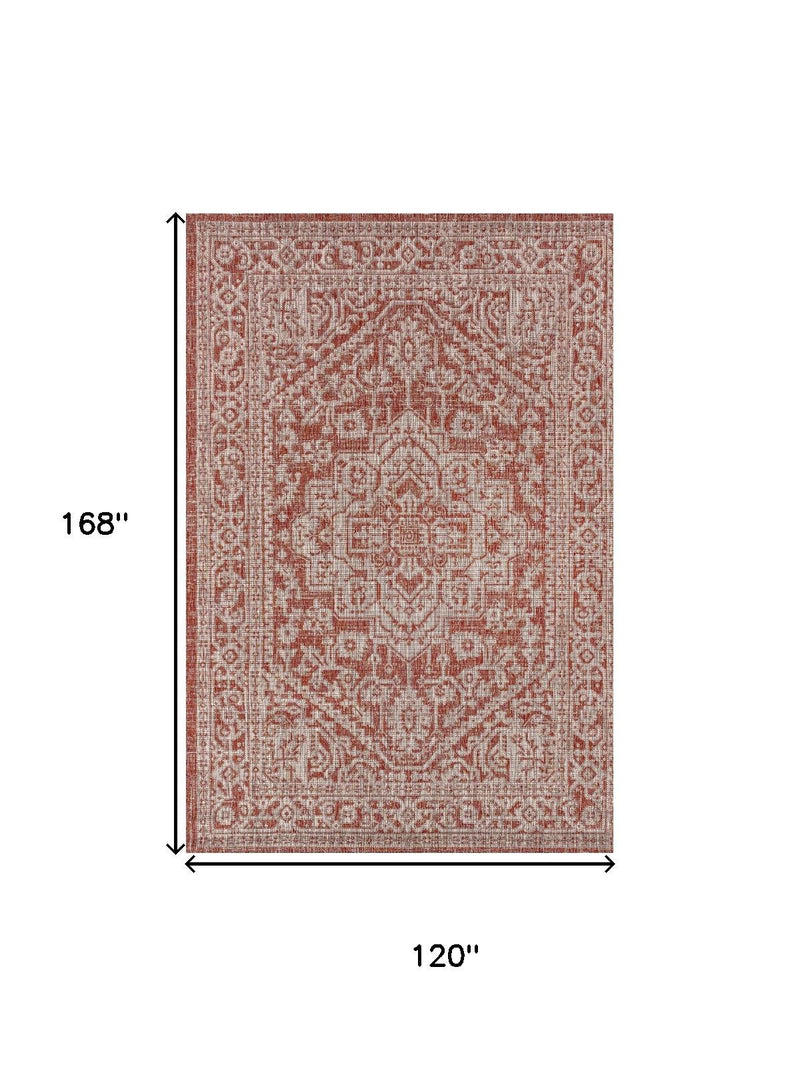 Red and taupe medallion area rug diagram, 120 in by 168 in