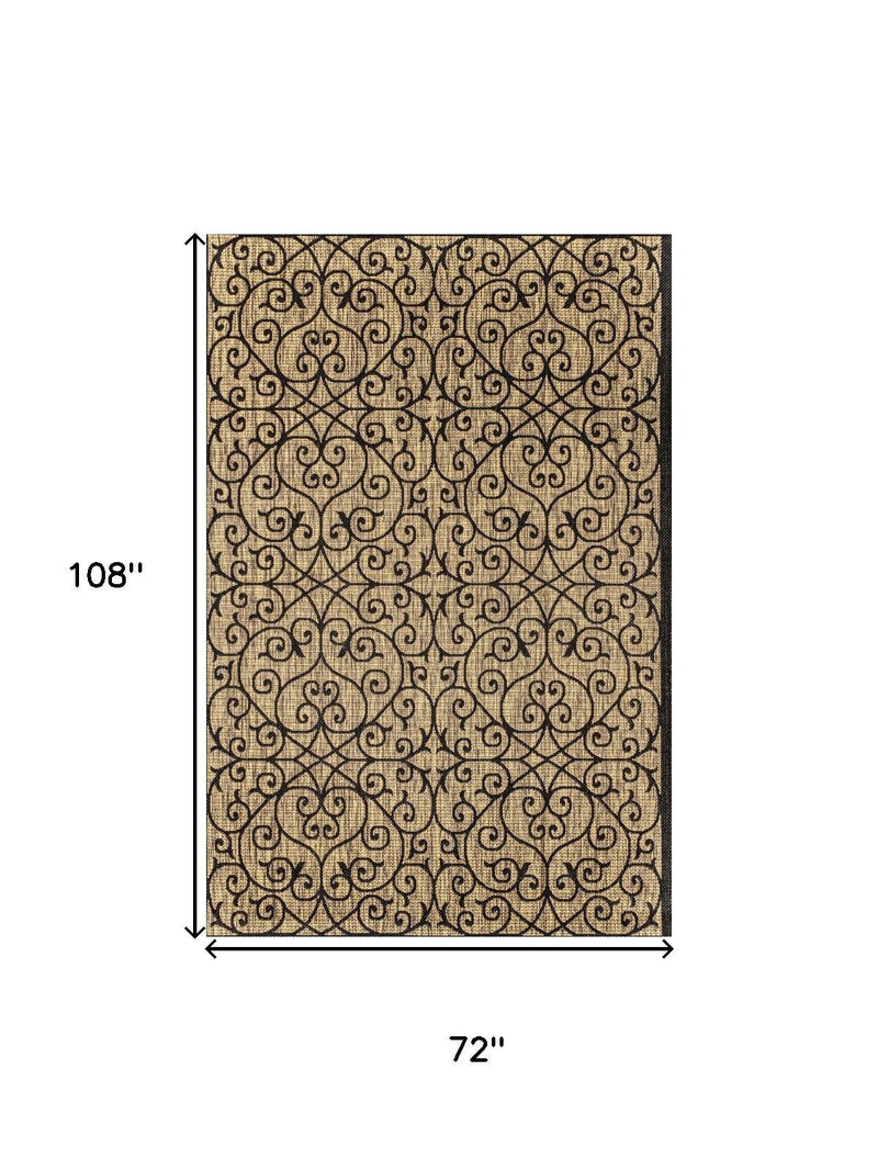 6x9 geometric area rug with black scroll pattern on khaki, 72 by 108 in