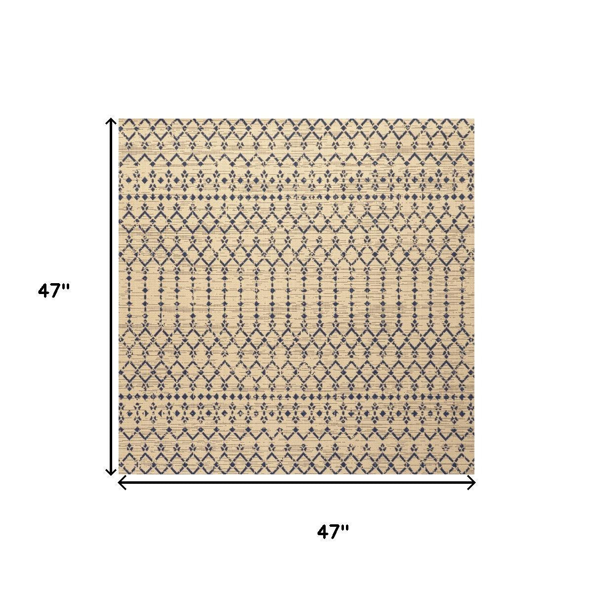 4' Beige And Navy Blue Square Trellis Indoor Outdoor Area Rug - Sports & Outdoor