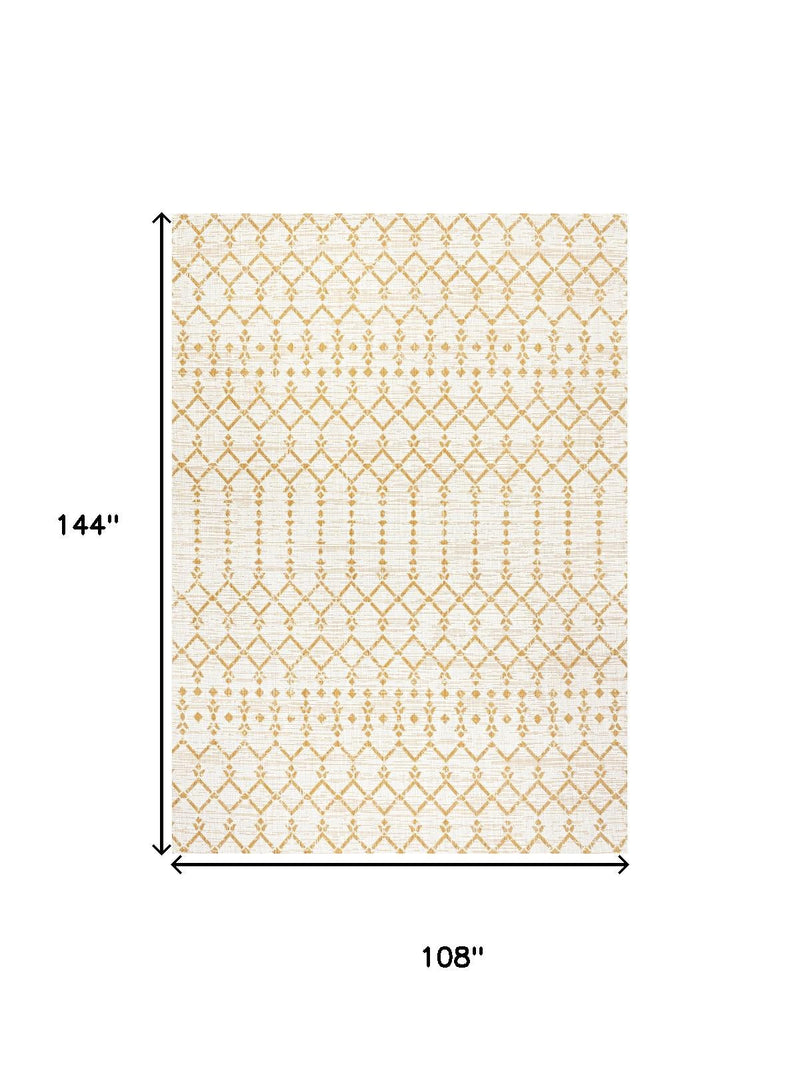 108 in x 144 in indoor outdoor area rug, cream and yellow trellis pattern
