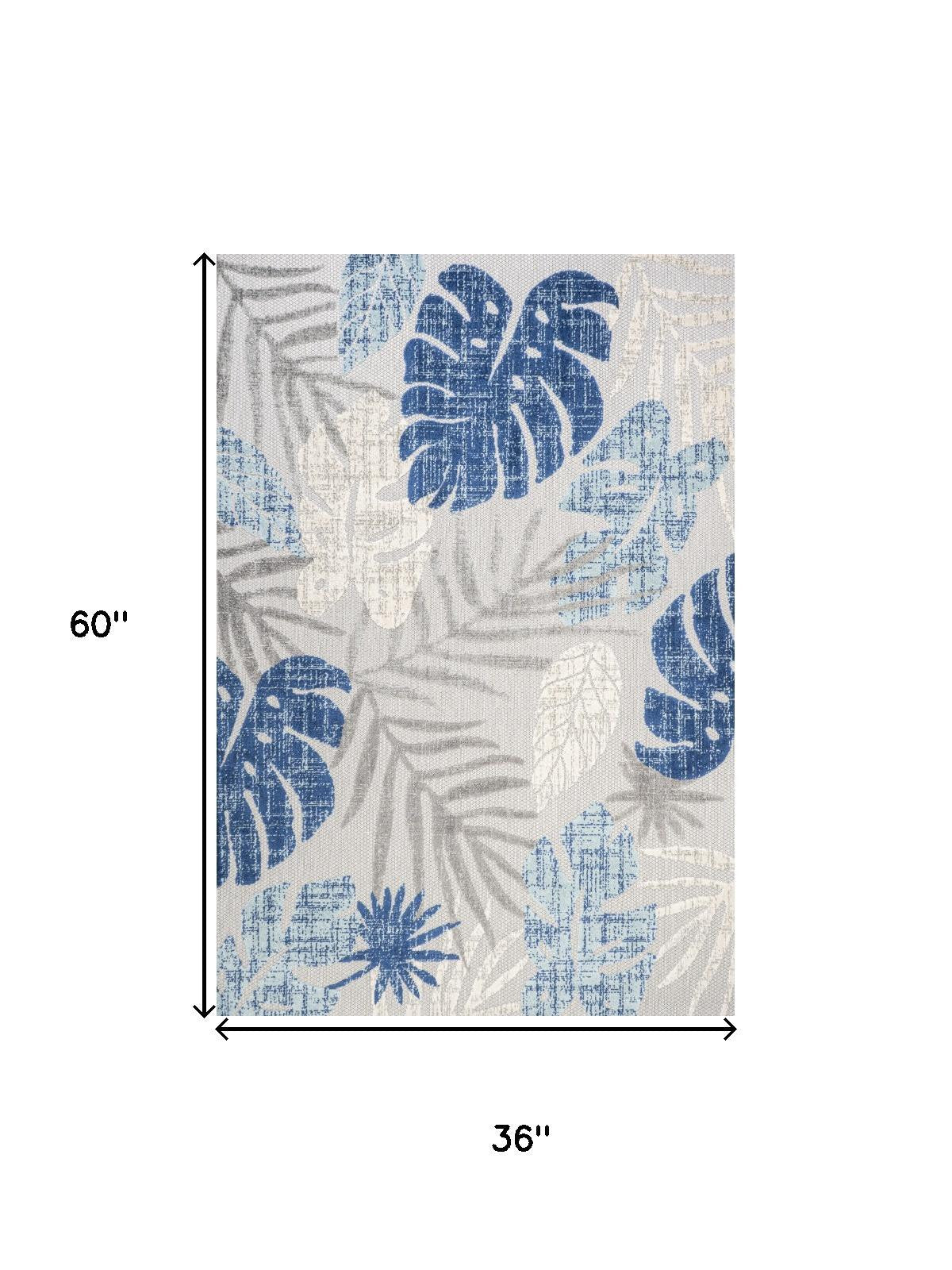 3' X 5' Light Gray And Navy Blue Floral Indoor Outdoor Area Rug - Sports & Outdoor