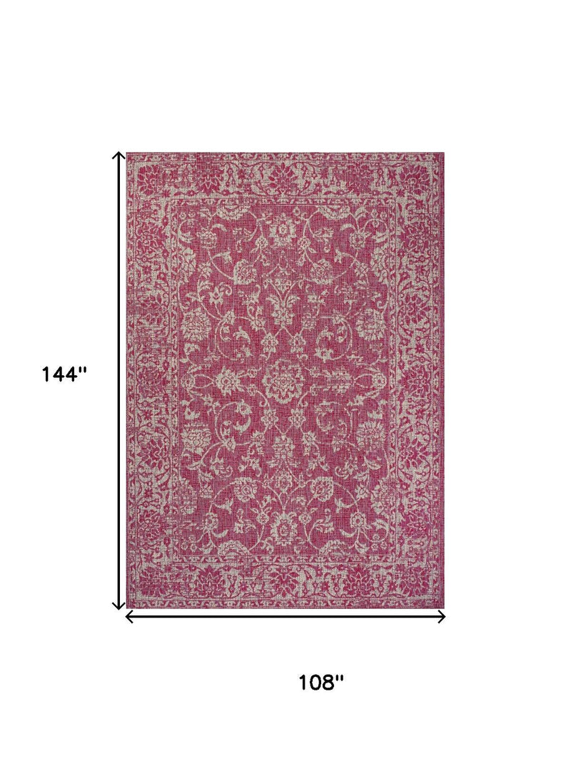 Fuchsia and light gray medallion rug, 108 in by 144 in rectangle