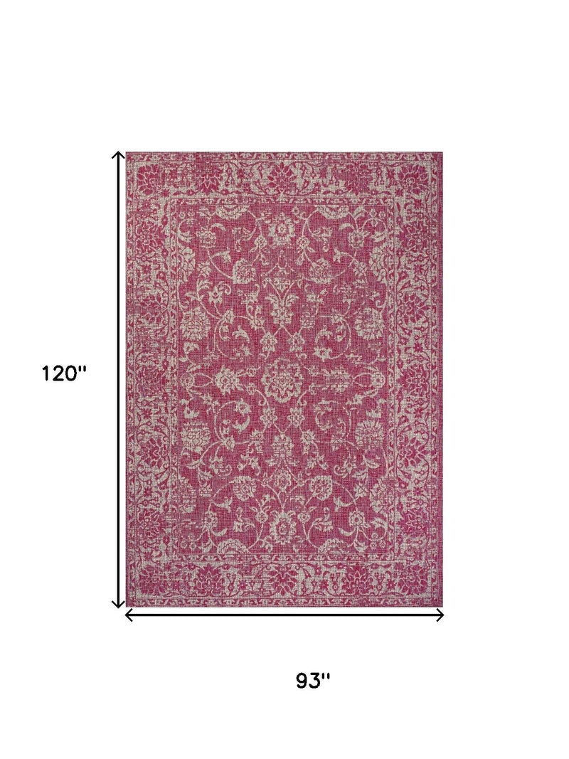 Fuchsia medallion area rug, light gray border and detailed damask pattern, 8 x 10 ft