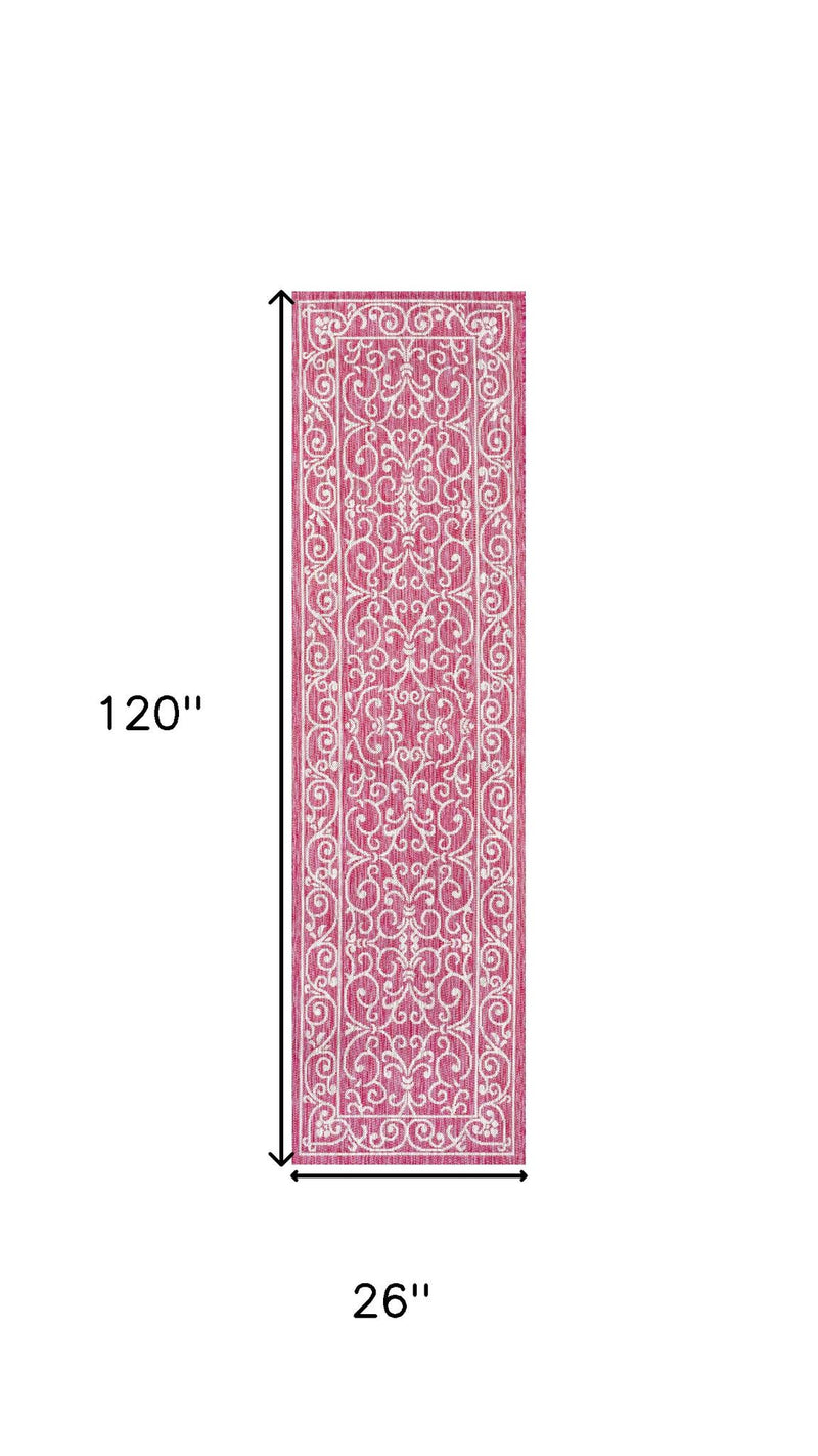 Fuchsia runner rug, 120 in by 26 in, with light gray scroll medallion pattern