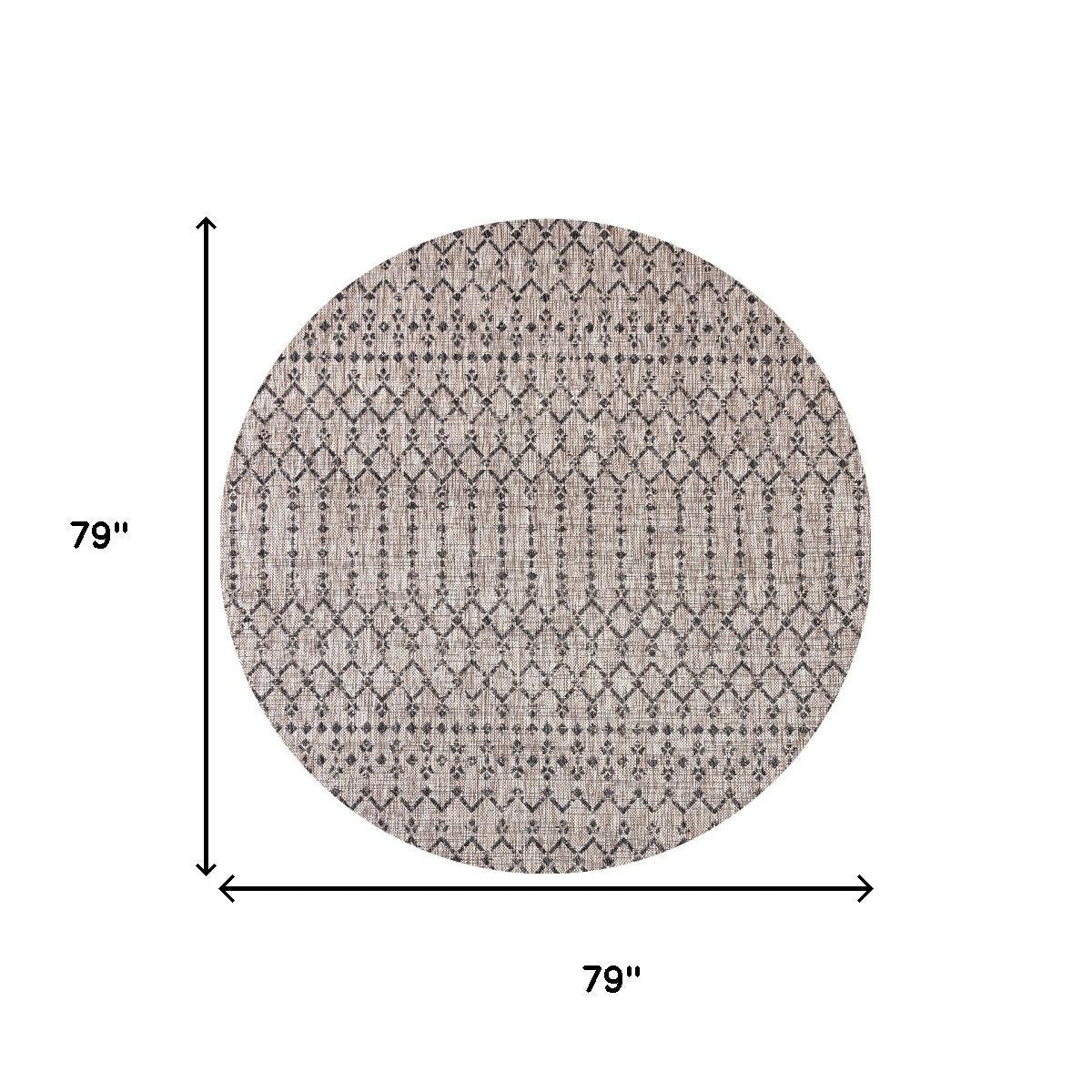 Round beige trellis area rug with black diamond pattern; measurement diagram shown.