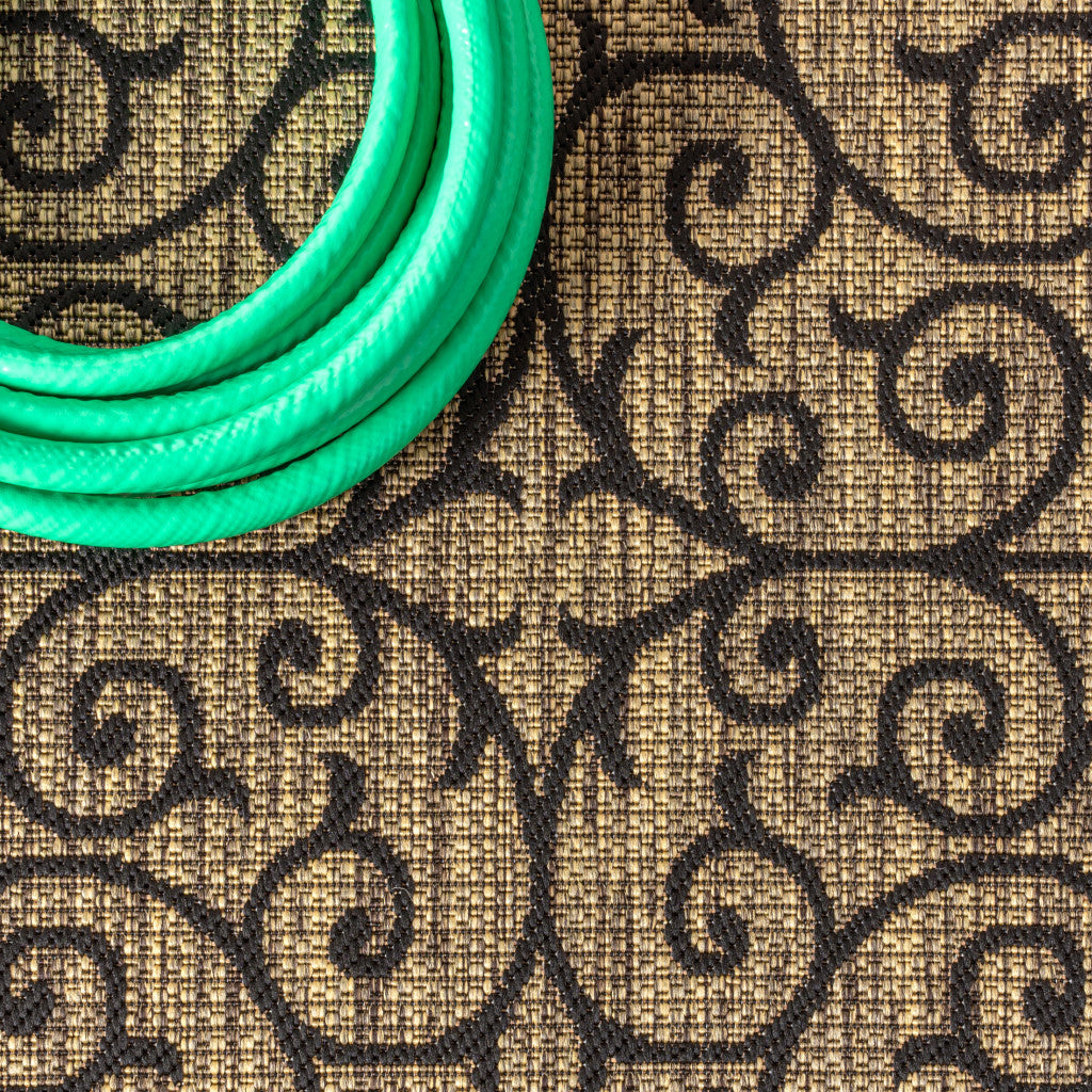 Khaki woven rug surface with black scrolling medallion pattern and dark border