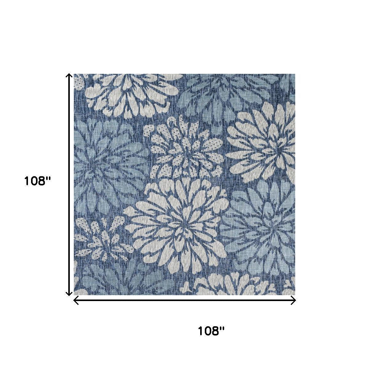 Square rug size diagram: 108 in x 108 in blue floral pattern