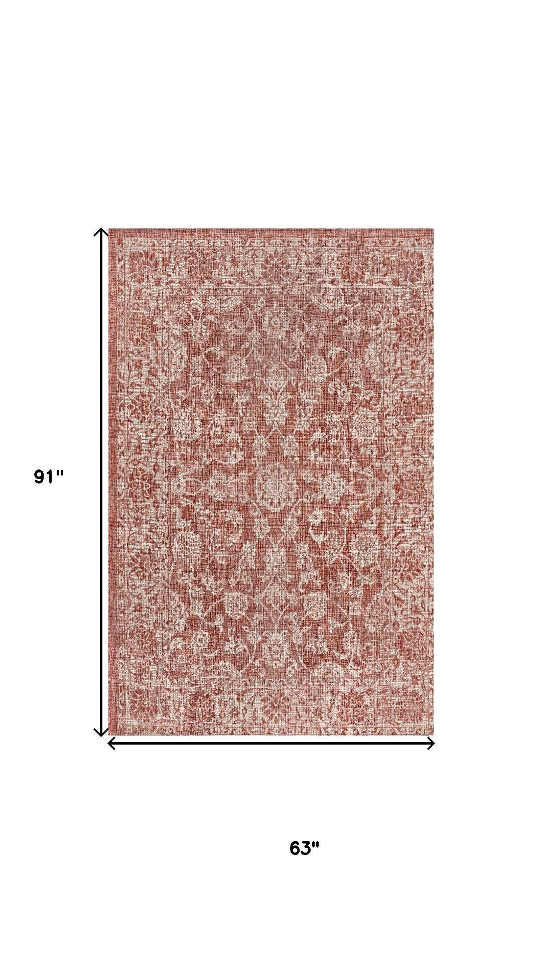 Rectangular rug, 63 in x 91 in, red and taupe medallion ornamental pattern