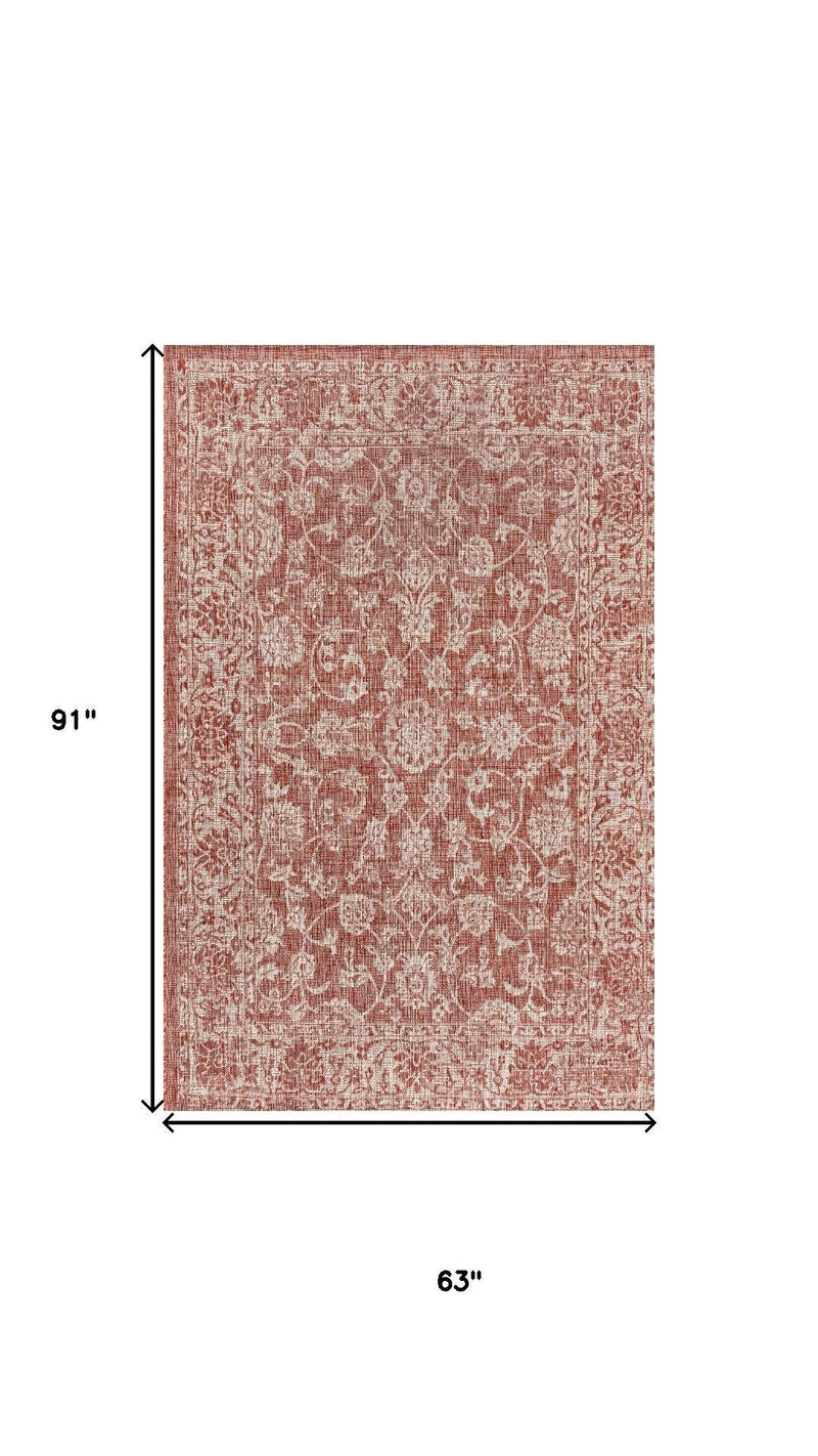 Rectangular rug, 63 in x 91 in, red and taupe medallion ornamental pattern