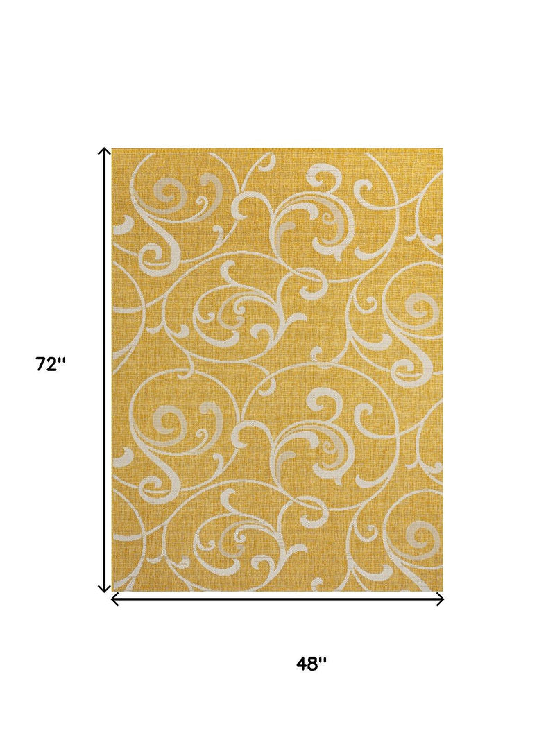 Yellow and cream floral area rug, 48 in by 72 in size diagram.