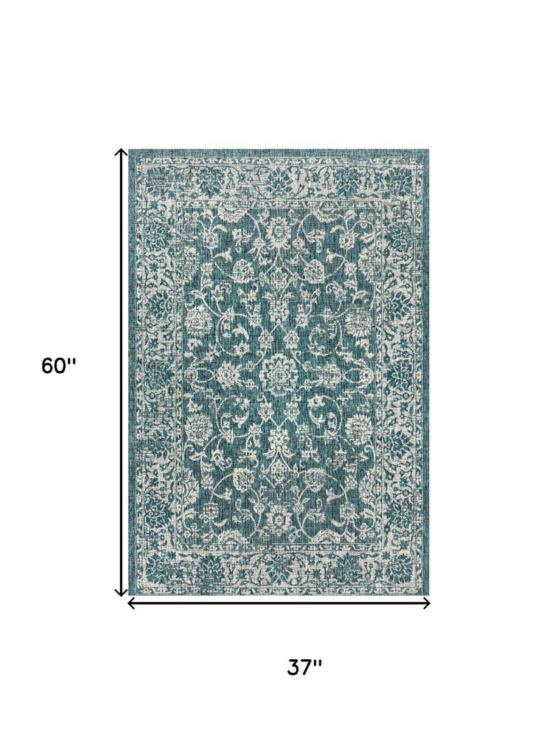 Teal blue and gray medallion area rug, 37 in x 60 in size.