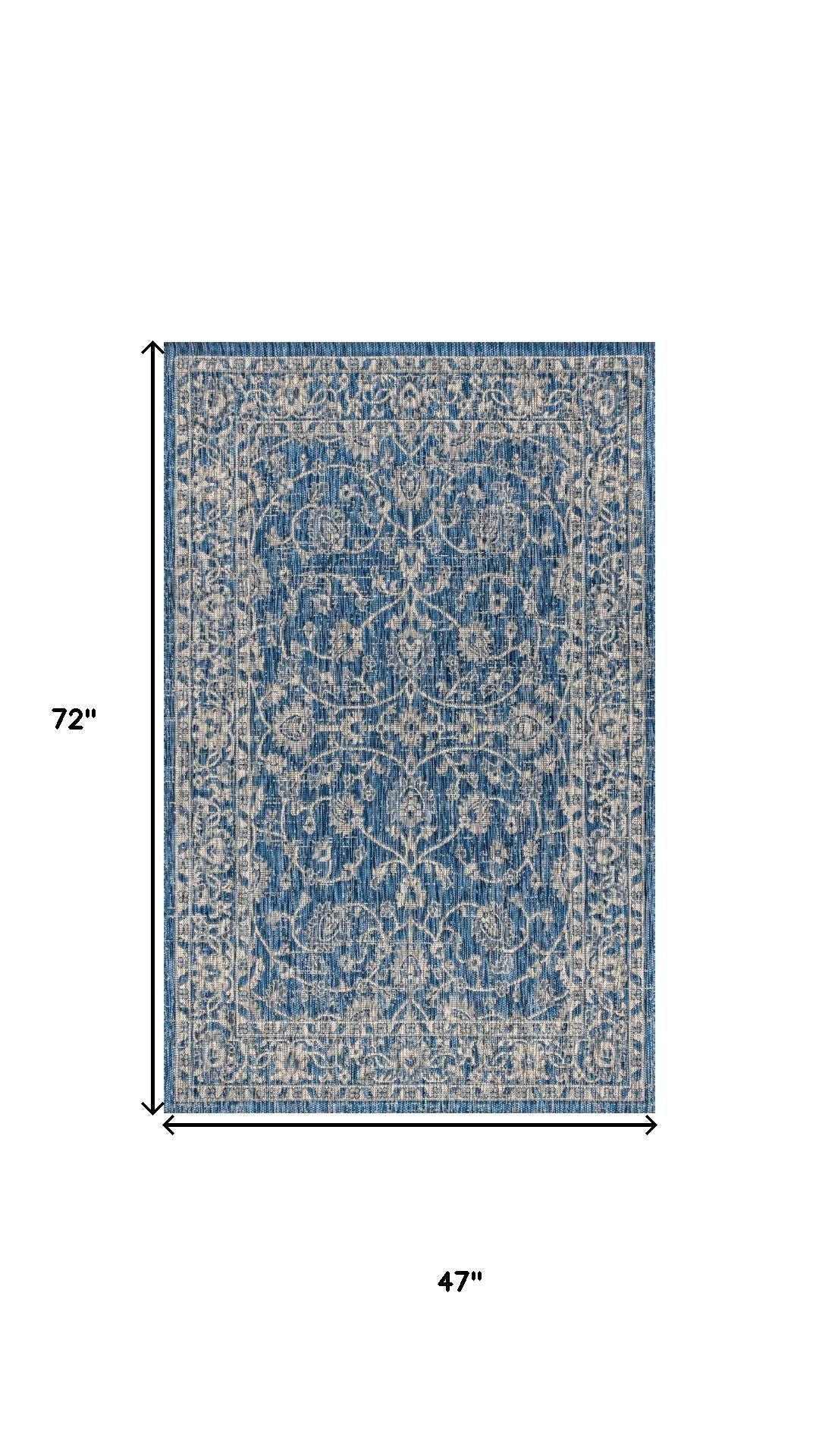 4x6 ft blue and gray medallion area rug, top view with measurements