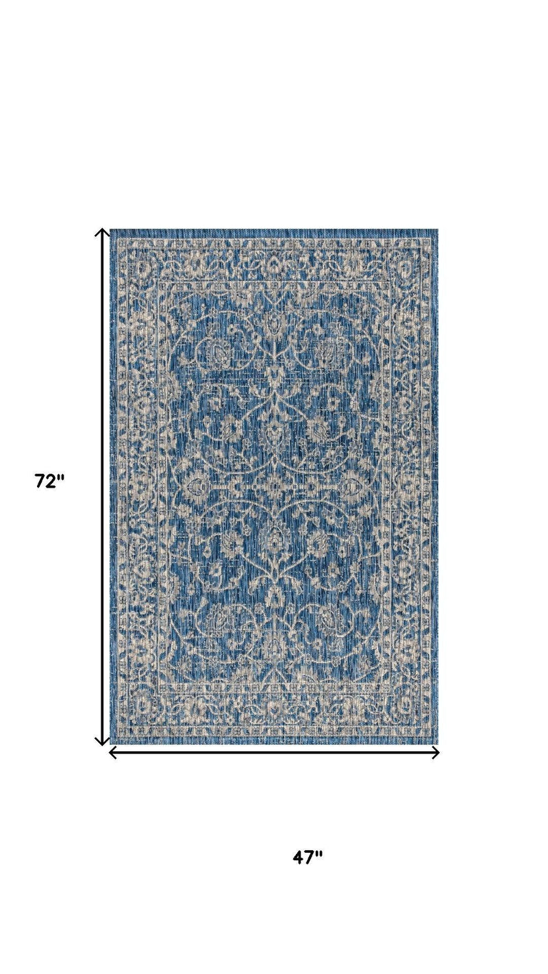 4x6 ft blue and gray medallion area rug, top view with measurements