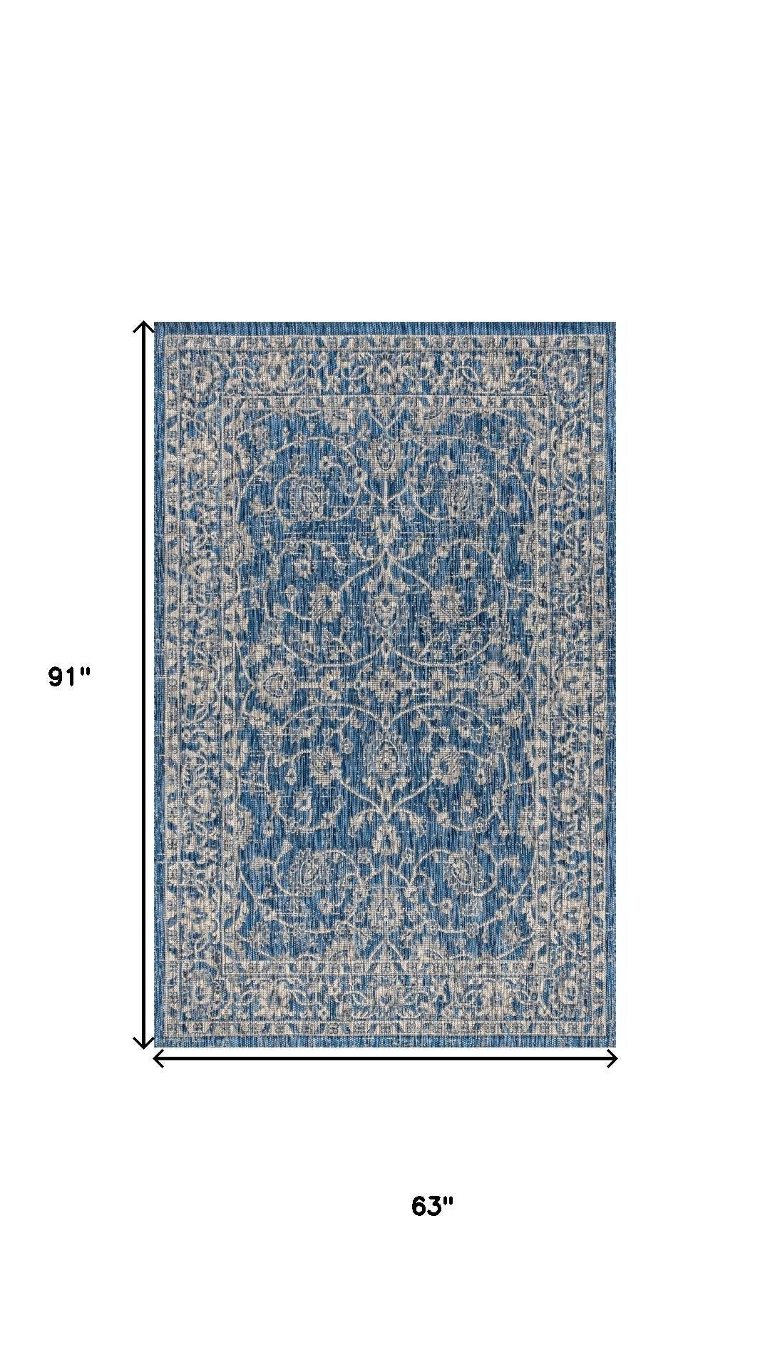 Medallion area rug size chart with measurements, navy and gray ornate pattern