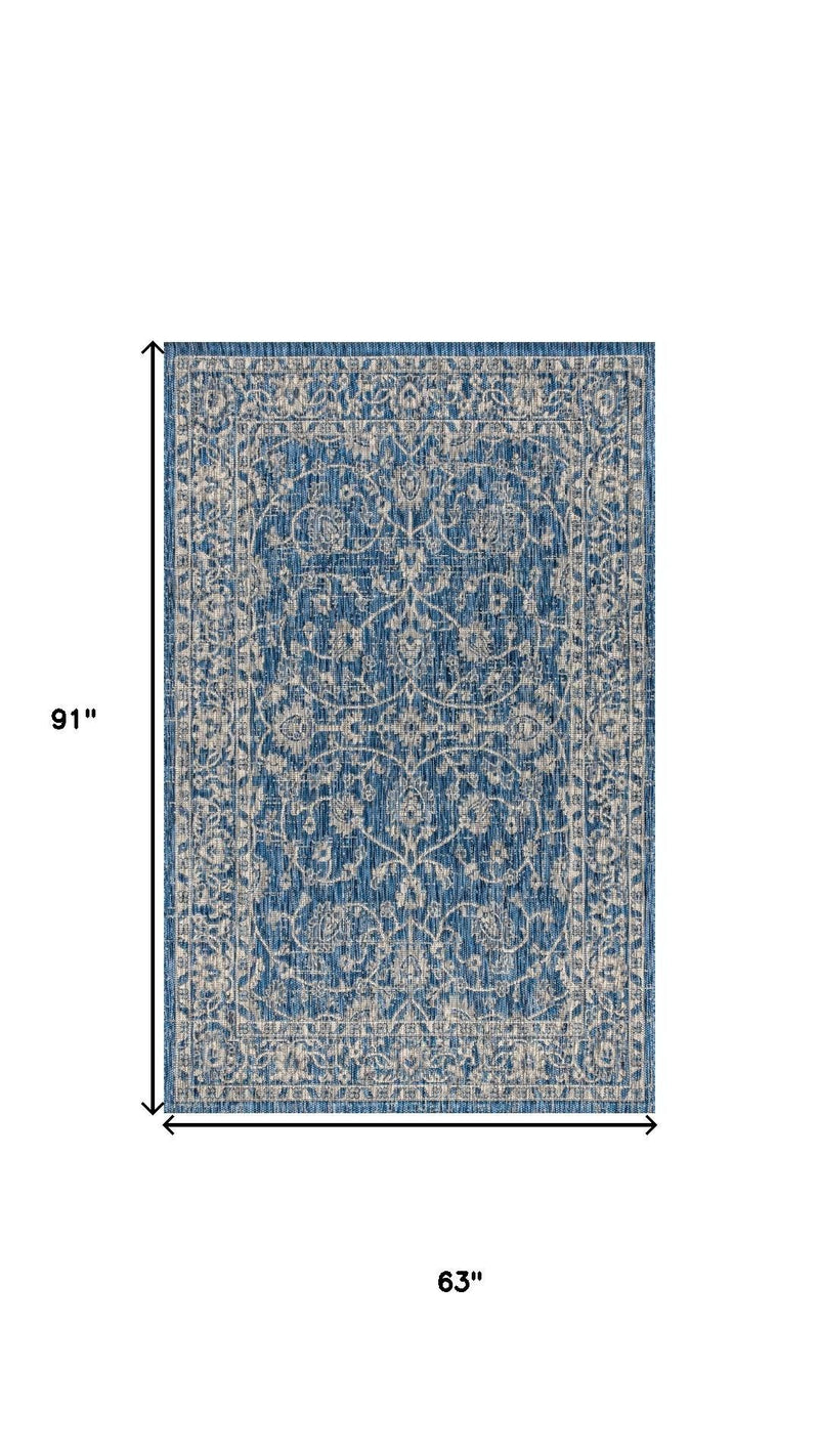 Medallion area rug size chart with measurements, navy and gray ornate pattern