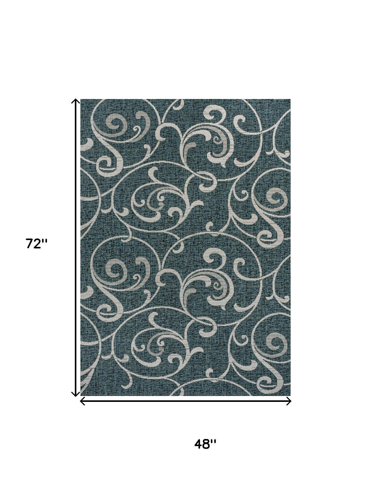 4' X 6' Turquoise And Cream Floral Indoor Outdoor Area Rug - Sports & Outdoor
