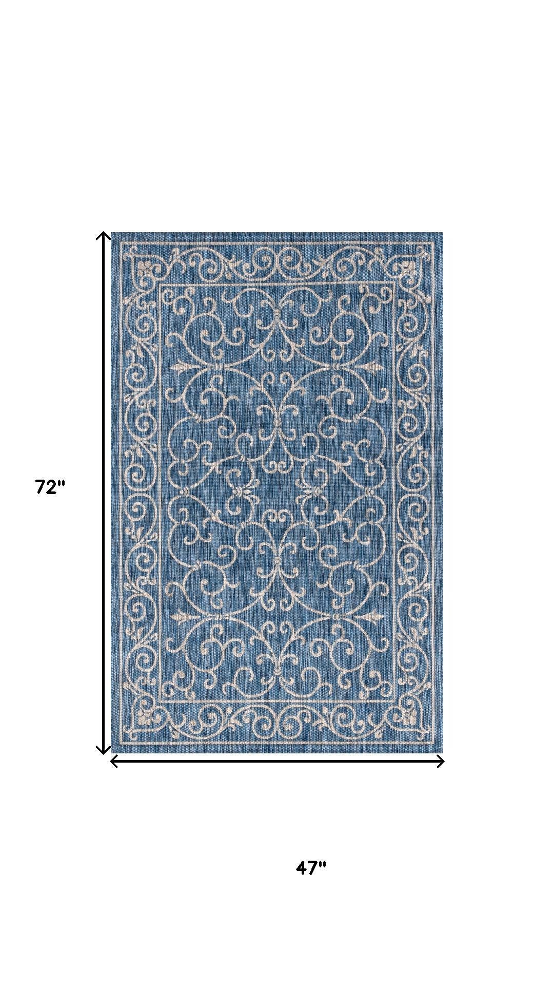 Rectangular area rug in navy blue with gray medallion scroll pattern, 72 in x 47 in