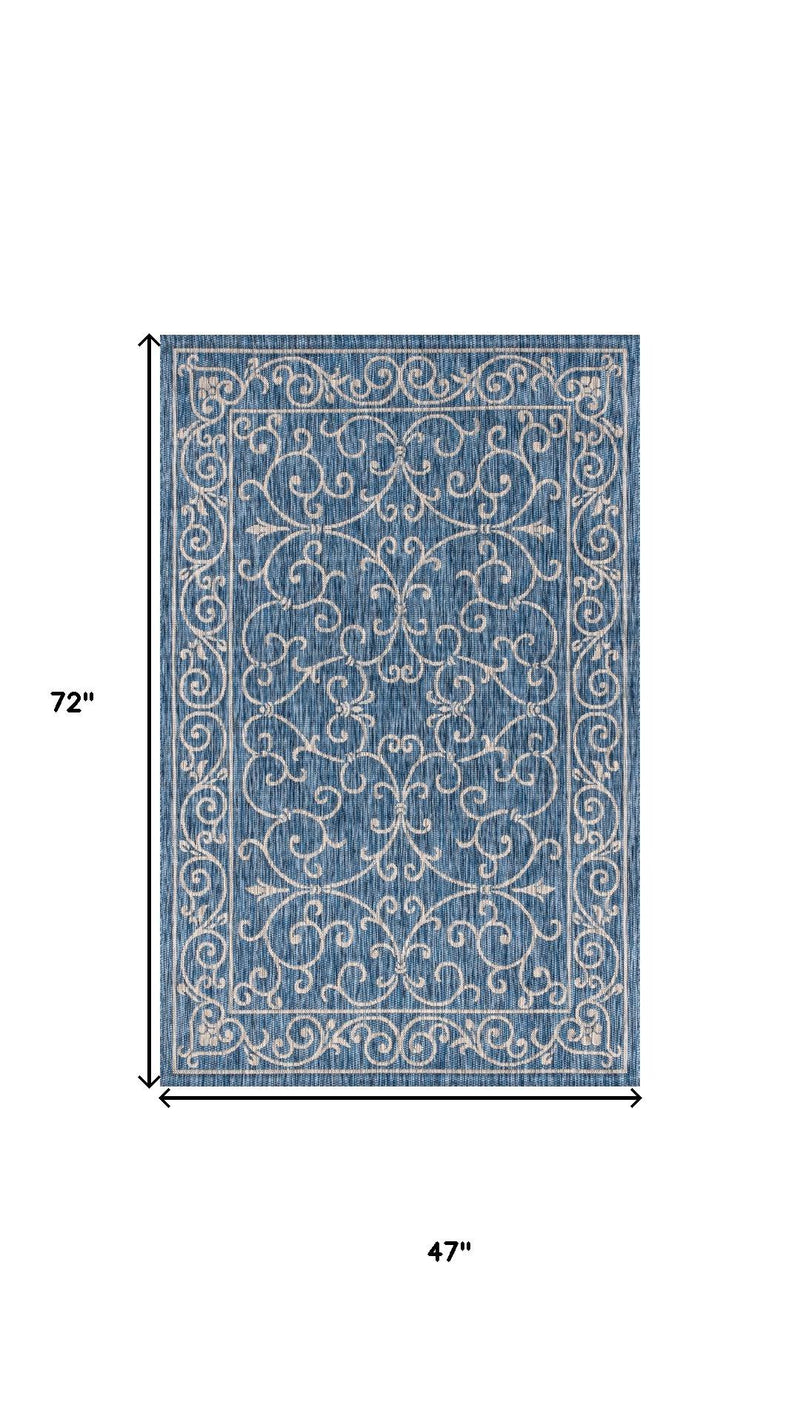 Rectangular area rug in navy blue with gray medallion scroll pattern, 72 in x 47 in
