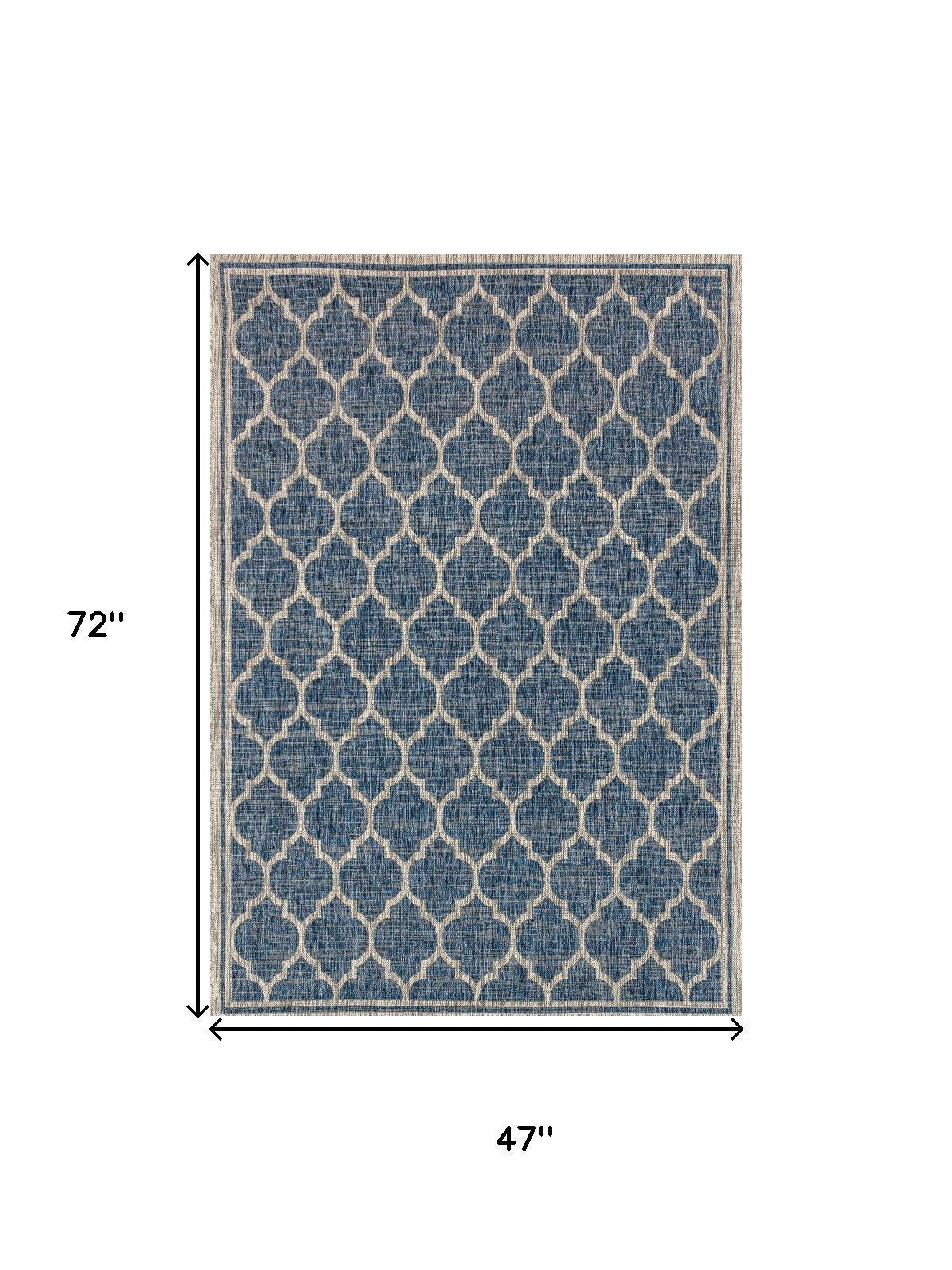 Navy and gray geometric trellis area rug with flat woven pattern
