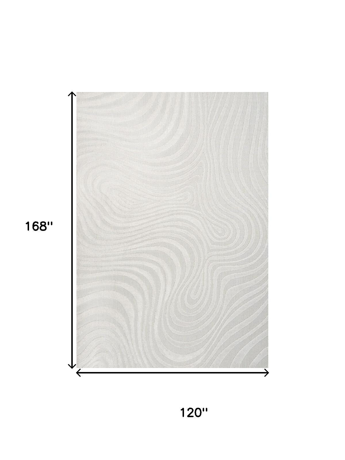 Cream and ivory abstract area rug, 120 in by 168 in, wavy swirl pattern
