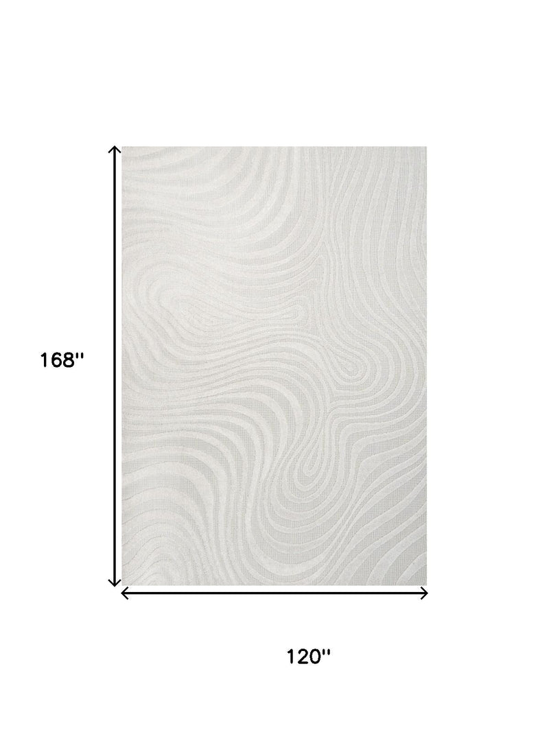 Cream and ivory abstract area rug, 120 in by 168 in, wavy swirl pattern