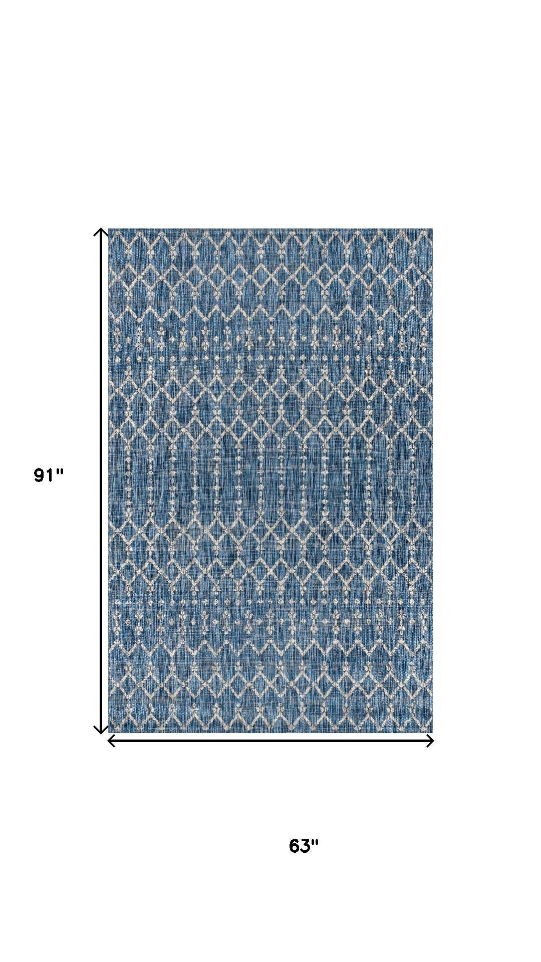 Indoor/outdoor area rug, navy and light gray trellis pattern, 63 in x 91 in