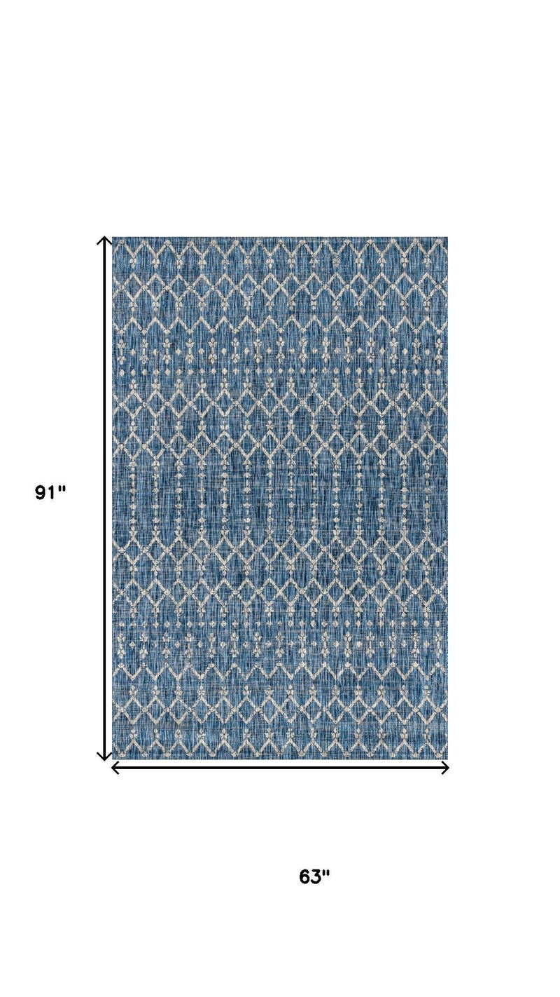 Indoor/outdoor area rug, navy and light gray trellis pattern, 63 in x 91 in