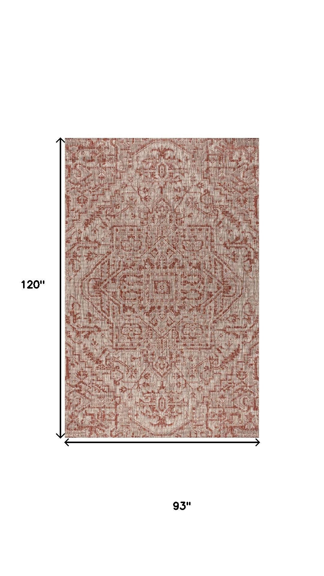 Red and taupe medallion indoor/outdoor area rug, 8 x 10 ft