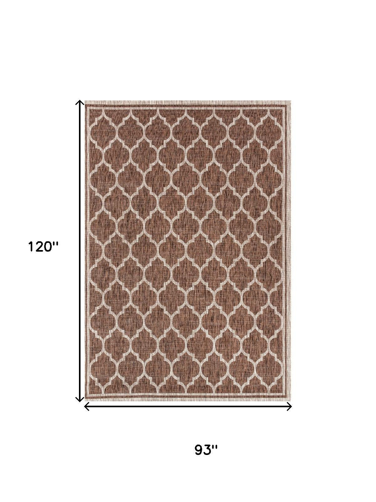 Geometric area rug, shown at 8 ft by 10 ft, espresso and taupe trellis
