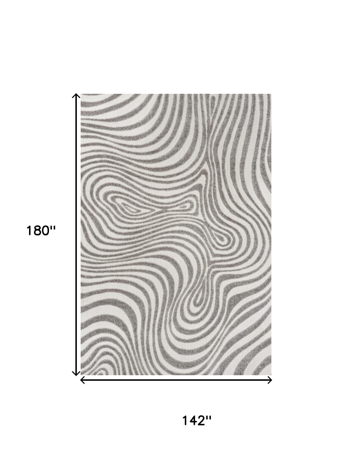 Abstract area rug with gray and ivory wavy line pattern, rectangular