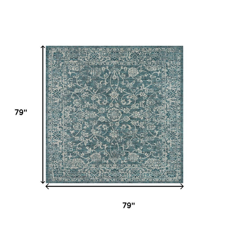 Teal and gray medallion area rug, 79 in x 79 in