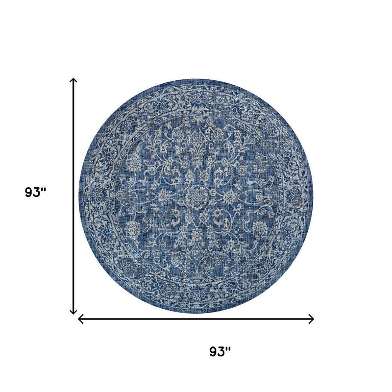 Blue patterned round area rug shown with 93 in diameter measurement