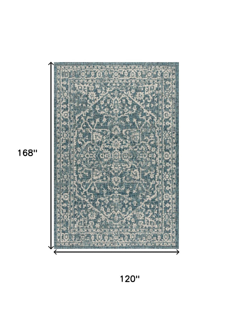 Teal blue and gray area rug, medallion design, 120 in x 168 in