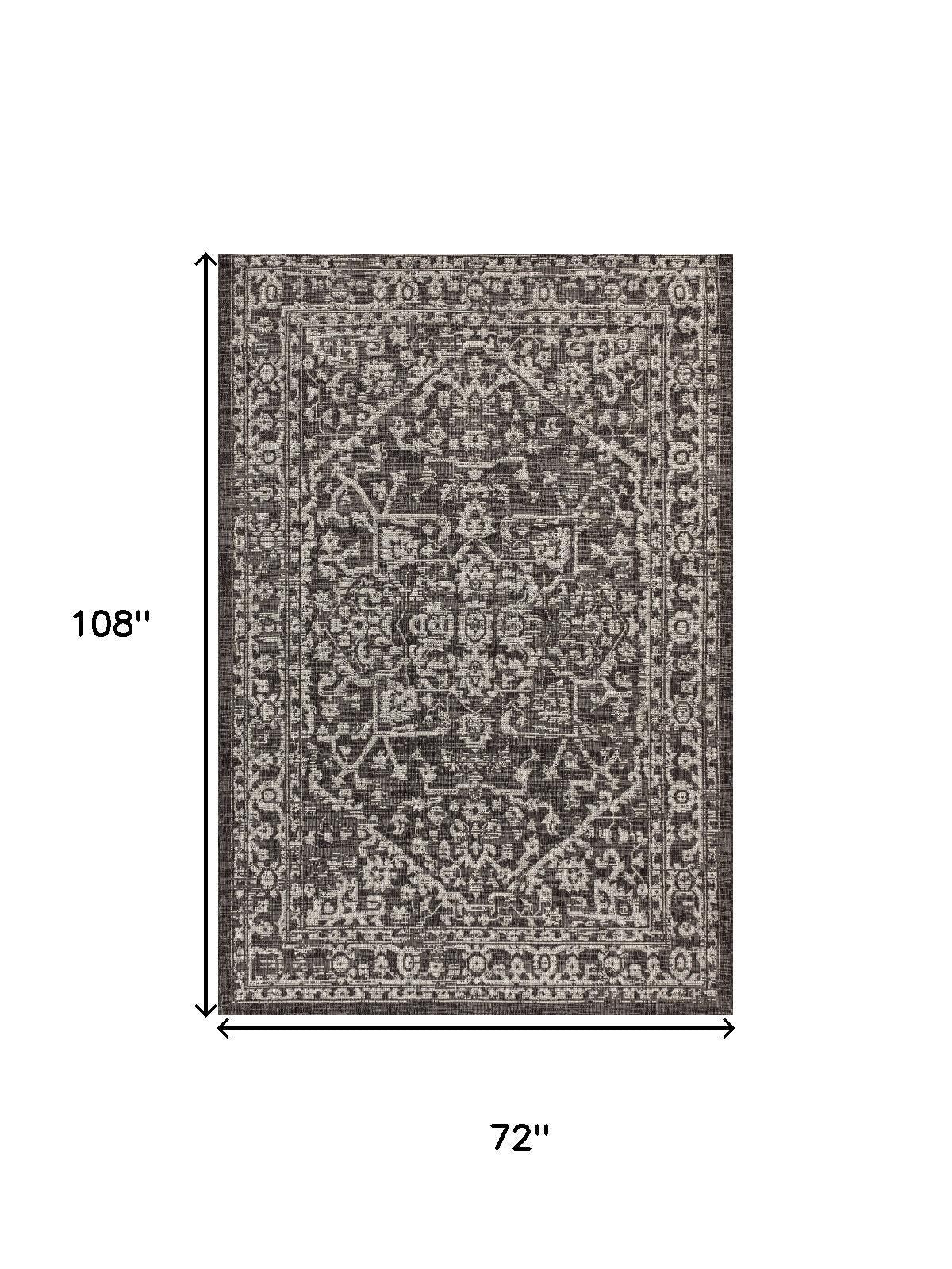 Black and gray medallion area rug size diagram, 72 in by 108 in