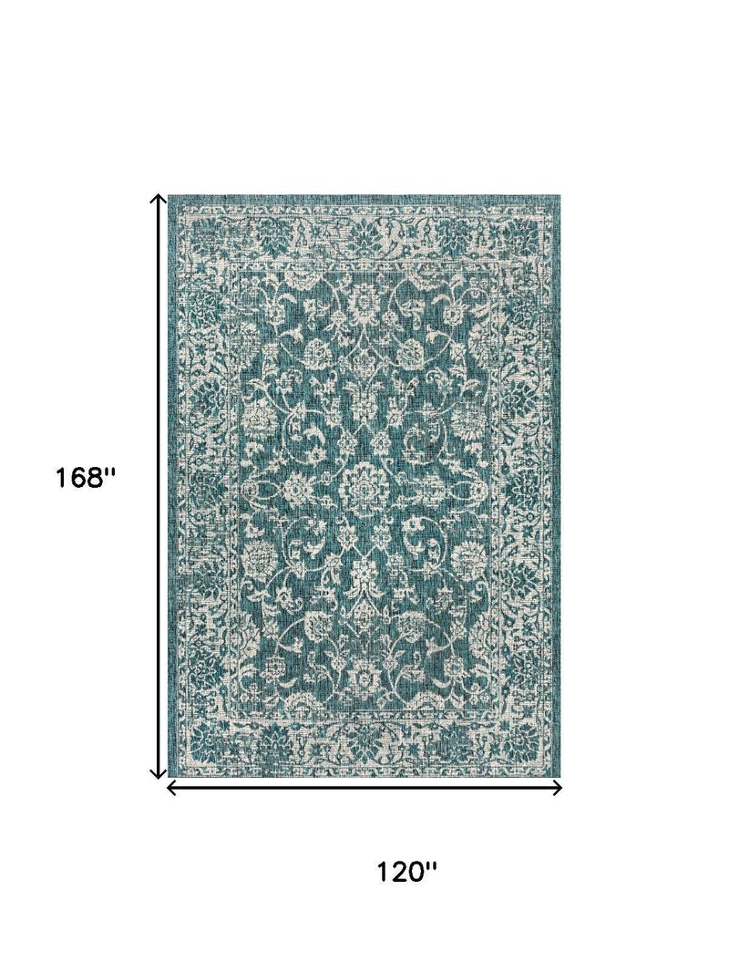 Teal blue rug size diagram, 120 x 168 in medallion pattern with border