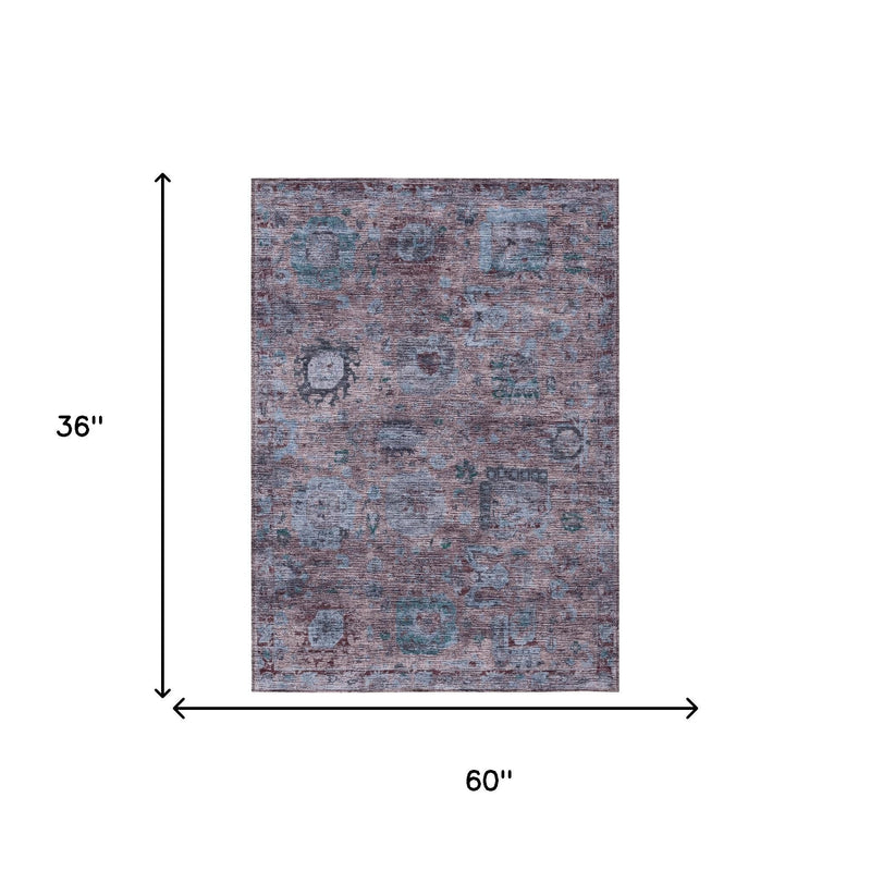 36 in x 60 in abstract area rug, blue and plum distressed design with teal accents