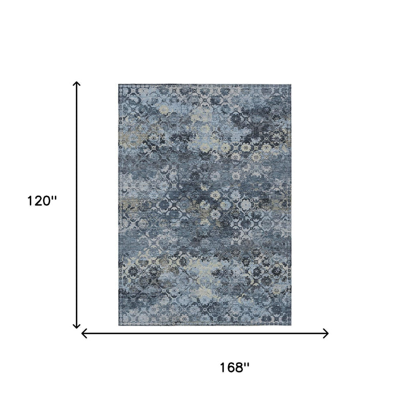 Blue abstract patterned area rug shown with size dimensions diagram